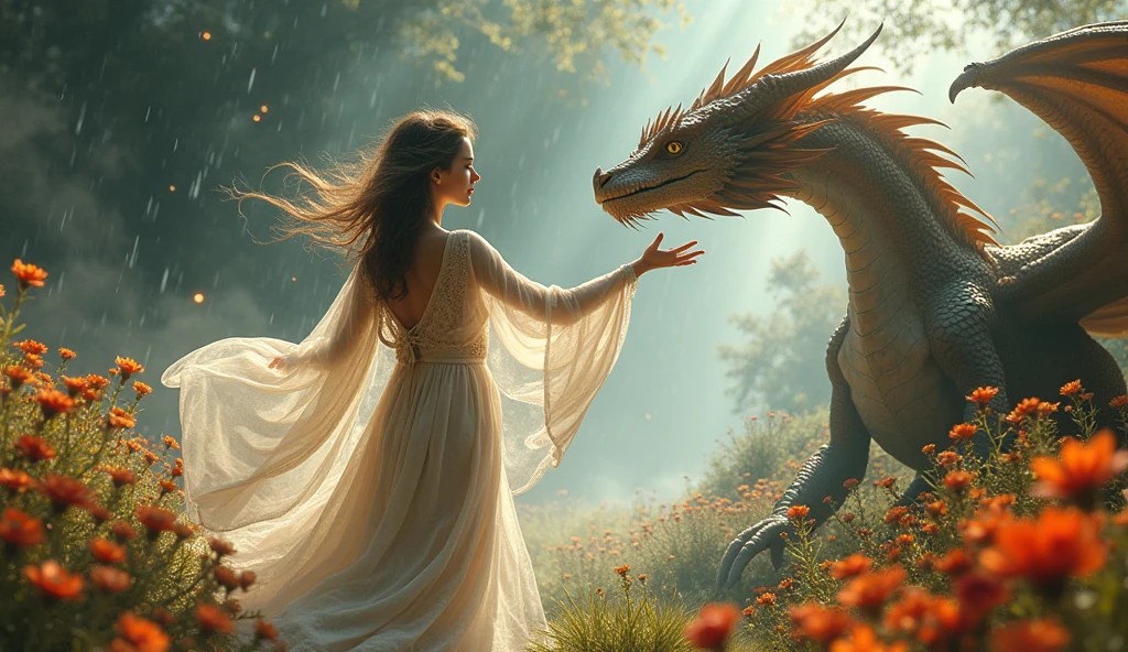 Create a landscape where there is a dragon and a princess with honey brown hair, that the dragon and the princess are friends, that it is more realistic and that the princess is an adult