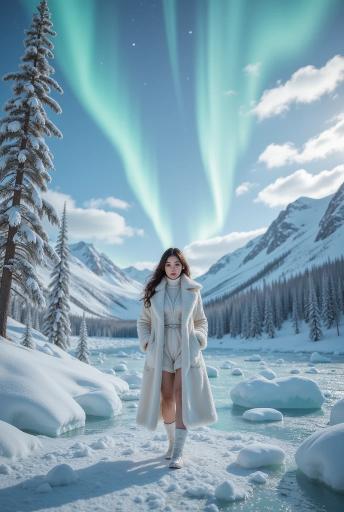 lmaginative，,Aurora Over the Glacier/Aurora on the Glacier ，(( Top Quality , masterpiece,    best image quality , 8K)), ((  a girl , Perfect proportions,   beautiful body ,    Detailed Skin ,  Detail eyes,    realistic middle chest  :1.5)), ((Perfect proportions,   beautiful body ,   show me the full body :1.5)), (Optimal ratio:  reference 4 books , ),   trees in the snow shine in the morning light  々And ice trees  ,   a smiling young woman in a long white fur coat, ((  everything shines  、Reflected Light:1.2)), ((frost :1.8)),