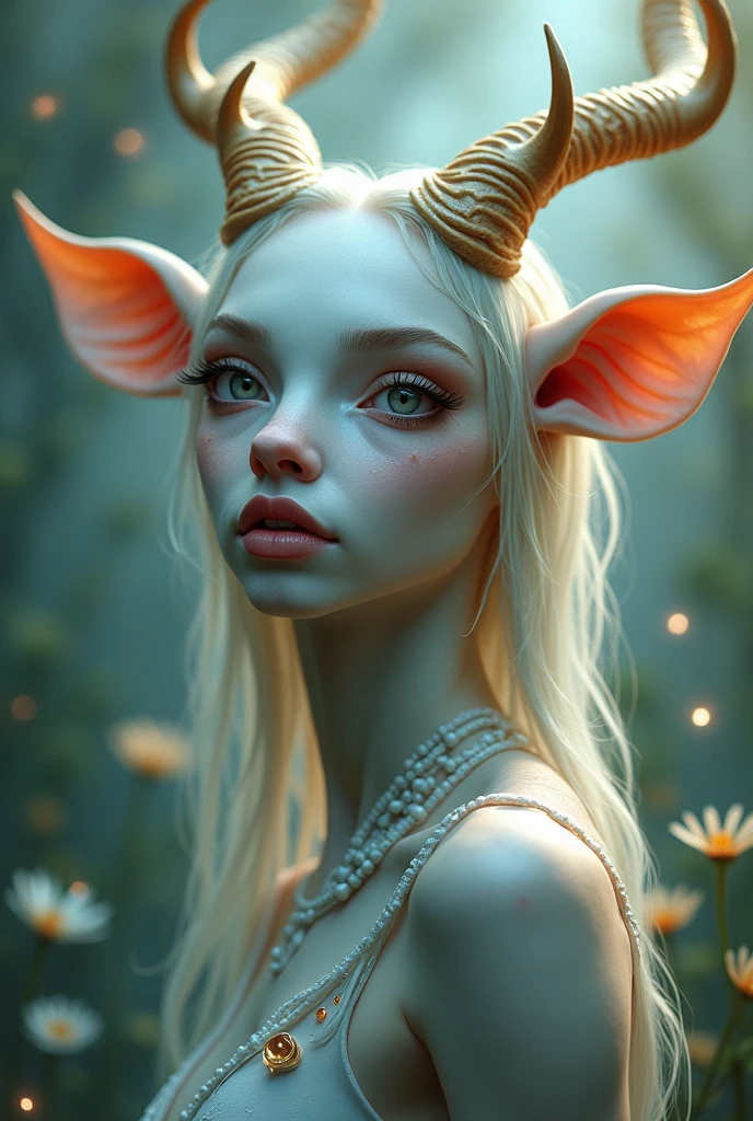 Create an alien with white indigenous tattoos, braided hair,far away, bovine floppy ears, blue colored eyes, albino skin, golden on the face,