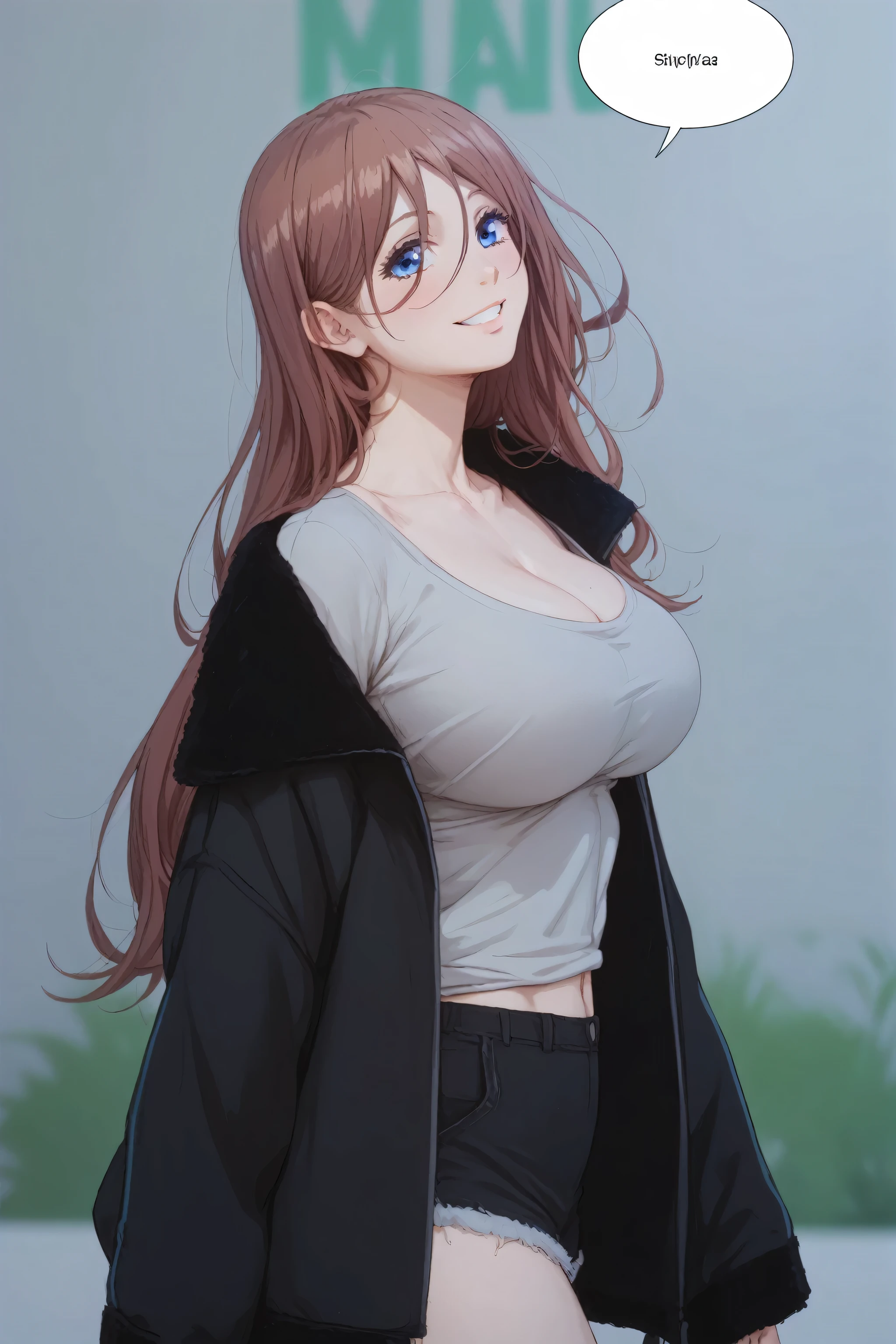 Tall girl, Fit girl,score_9, score_8_up, score_7_up, score_6_up, uncensored, 1girl, miku nakano, long hair, bangs, blue eyes, brown hair, hair between eyes, huge breast, smile,