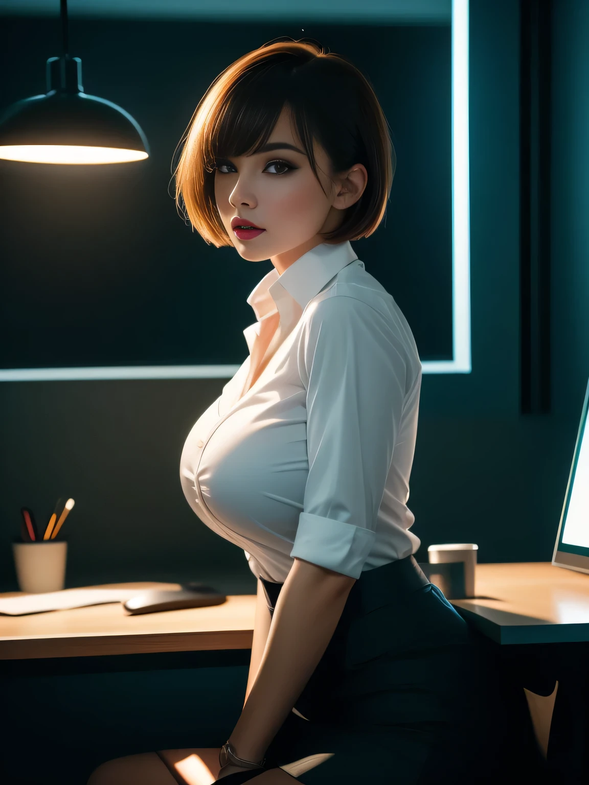 Tight-fitting business shirt, Short sleeves, Tight-fitting skirt, (Shirt tucked into skirt:1.3), In a dimly lit office late at night, Desk, Light from a computer screen, Desk light, Sitting on desk chair, Chair without armrests,
4K Quality, (High Resolution:1.3), (Realistic photo:1.3), (Raw photo:1.1), (Extremely detailed photo), Absolute masterpiece,
(From side:1.3), She's turns around, (Looking at the viewer:1.3), Open legs, Showing crotch, She's intimidating,
(Big breasts:1.2), (Lip make-up), Glossy skin, Blond, Bangs, Short wavy bob, Ultra beautiful girl