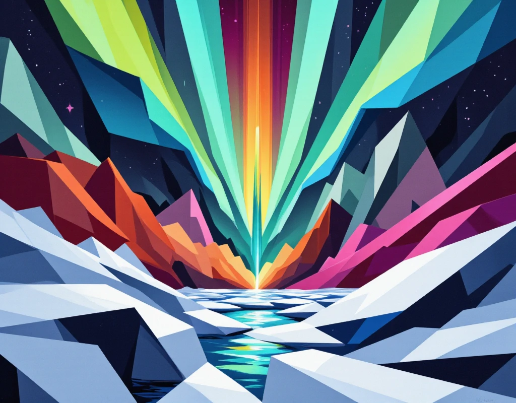 Non-representational artwork inspired by the concept of an aurora borealis over a glacier. The glacier depicted using a strictly geometric vocabulary: faceted crystals, interlocking prisms, and sharp angles are essential. The aurora borealis rendered as intersecting planes of vibrant contrasting color, unexpected color pairings such as teal and burnt orange, fuchsia and deep navy. The style should evoke Suprematism, emphasizing the power of pure geometric forms and their interplay.