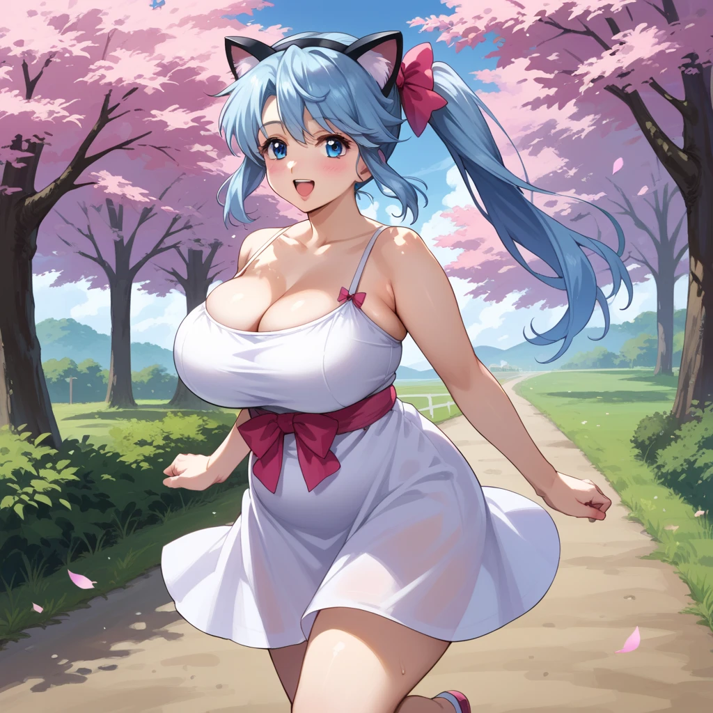 score_9, score_8_up, score_7_up,source_anime,BREAK, gundam_seed, 1girl. Adult woman, She has very long light blue hair side ponytail, bright blue eyes, pink metal (mechanical cat ears), round face, pink bow in her hair. she is (FAT) and chubby, voluptuous, with huge breasts, (plump belly), wide waist, thick arms, bubble butt, wearing a cute breezy purple sundress.   In a field of cherry blossom trees.  masterpiece,best quality,amazing quality, running, having fun, happy, cleavage, motion