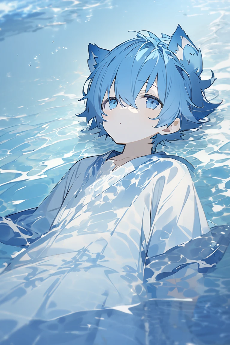 One person, Waterside in the forest、Sitting with feet in water、Having fun bathing in the water with slime、Little blue haired swordsman., Sit on the ground, Clear blue sky、Bokeh, depth、Fun Expressions、Portrait、Lens flare、Detailed illustrations、Realistic portrayal