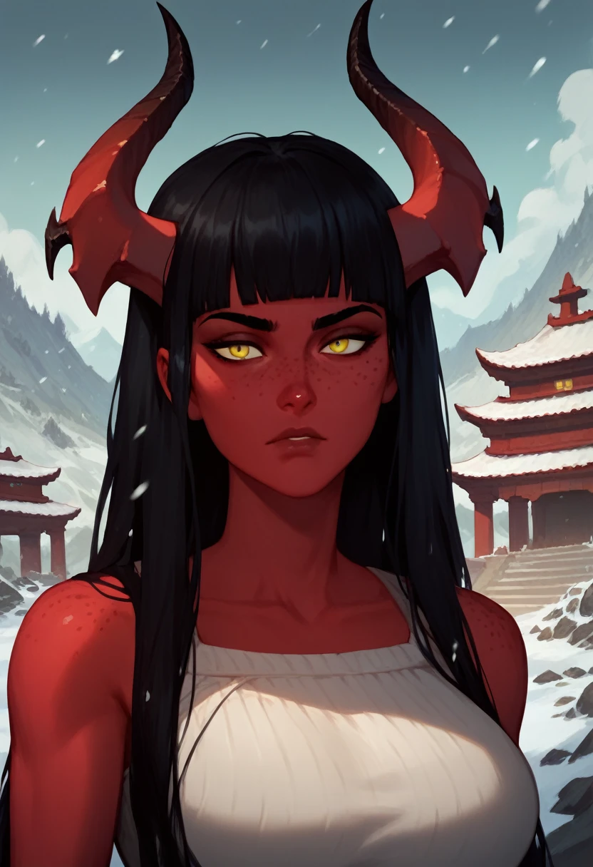 score_9_up, score_8_up, score_7_up, portrait, headshot, dutch angle, Expressiveh, 1girl, meruXL, long hair, black hair, blunt bangs, yellow eyes, red skin, freckles, horns, large breasts , outside, landscape, at a temple, afternoon, snowing, winter,