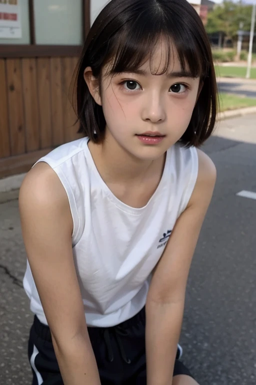 two girls standing in the park,Plain white school gym shirt with navy blue trim,Navy blue speed briefs,Navy micro mini skirt,White headband,18-year-old,bangs,The mouth is half open,Thighs,knees,Straight hair with barrette,From below,Front light, White visible through the skirt、((Lift the hem of the skirt with both hands to reveal the pantiessimple cuteness of a celebrity-like face、(masterpiece、16k image、High resolution、Highest quality)、Two Girls、(Japanese Girls,perfection)、(perfectionな解剖学,Beautiful body、Healthy Body、Beautiful Skin)、Small Tits:1.5、Artis