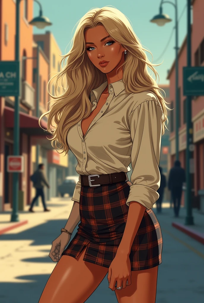 ne0nfant4sy, cowboy shot, masterpiece,   In a dark fantasy comic book type scene HQ comics, : a painting of a stunningly beautiful woman, a young, stylish Latina woman with long, wavy blonde hair, effortlessly striding down a bustling city street. She has perfect body, voluptuous yet slim. With well-endowed and buxom features, she is dressed in a form-fitting white shirt and a chic plaid mini skirt, exuding confidence and grace. The background is a blurred, vibrant urban landscape of cars and passersby, conveying the energy of the city. The soft, warm lighting accentuates her radiant face as she gazes directly at the camera with a tranquil and contemplative expression. The side view captures the essence of her poise and sophistication, making her an iconic figure in the heart of the city. . The scene has cozy and warm tones, creating a morbid and cold atmosphere
, looking at viewer looking at the viewer, seductive smile, inviting smile, 