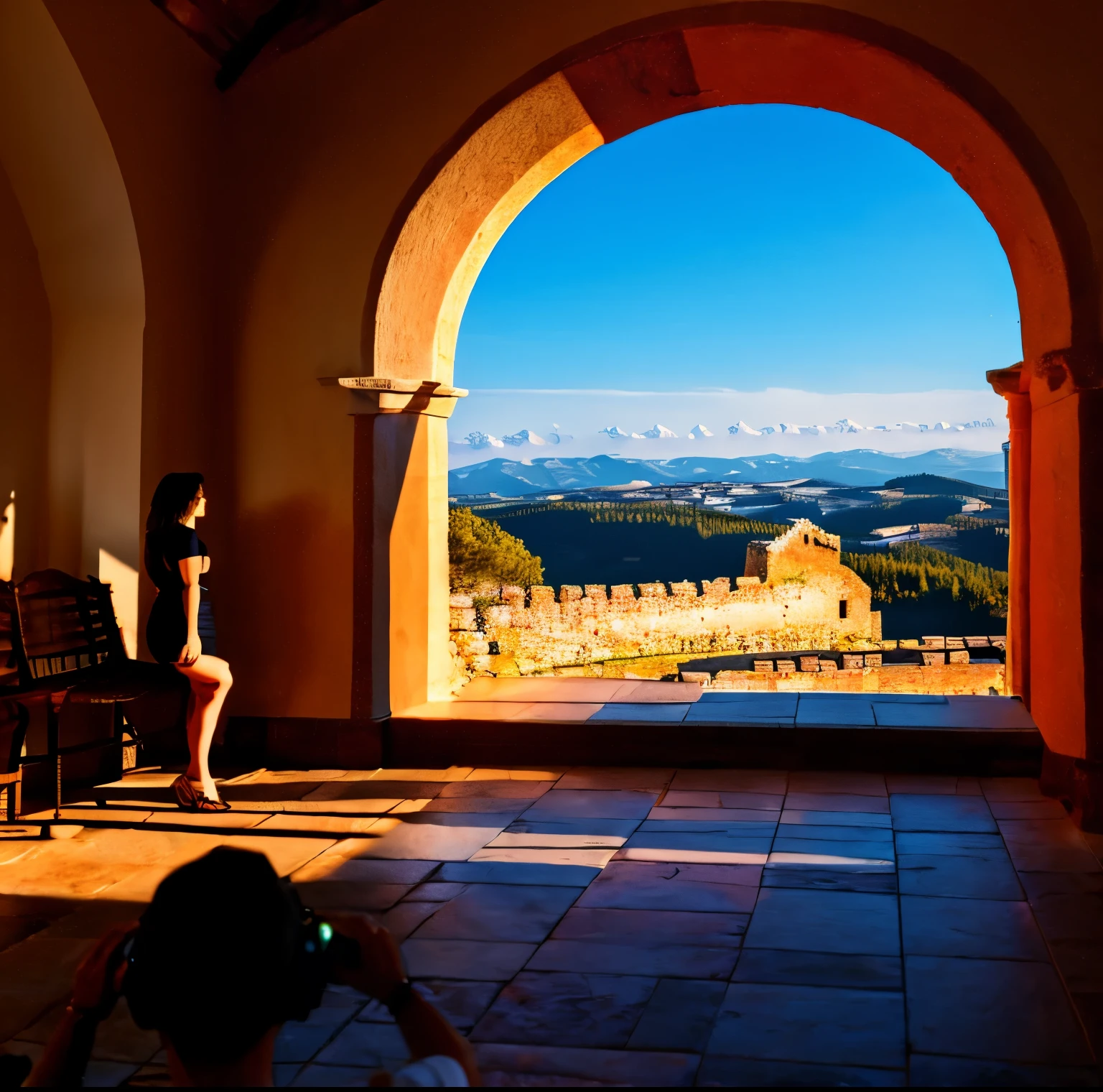 8K quality, Masterpiece, bright artistic lighting , super real , high chroma, Fantastic and beautiful landscape pictures of ancient fortified cities, (A traveler admiring the landscape:1.5),