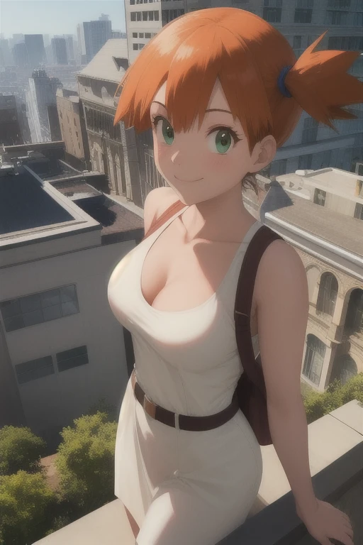 pkmnmisty, 1girl, solo, green eyes, orange hair, short hair, side ponytail, bangs, hair tie, White dress, s, naughty smile,closed mouth, cowboy shot, medium breast, sexy body, on top of building, buildings behind (insanely detailed, beautiful face, masterpiece, best quality) cinematic lighting