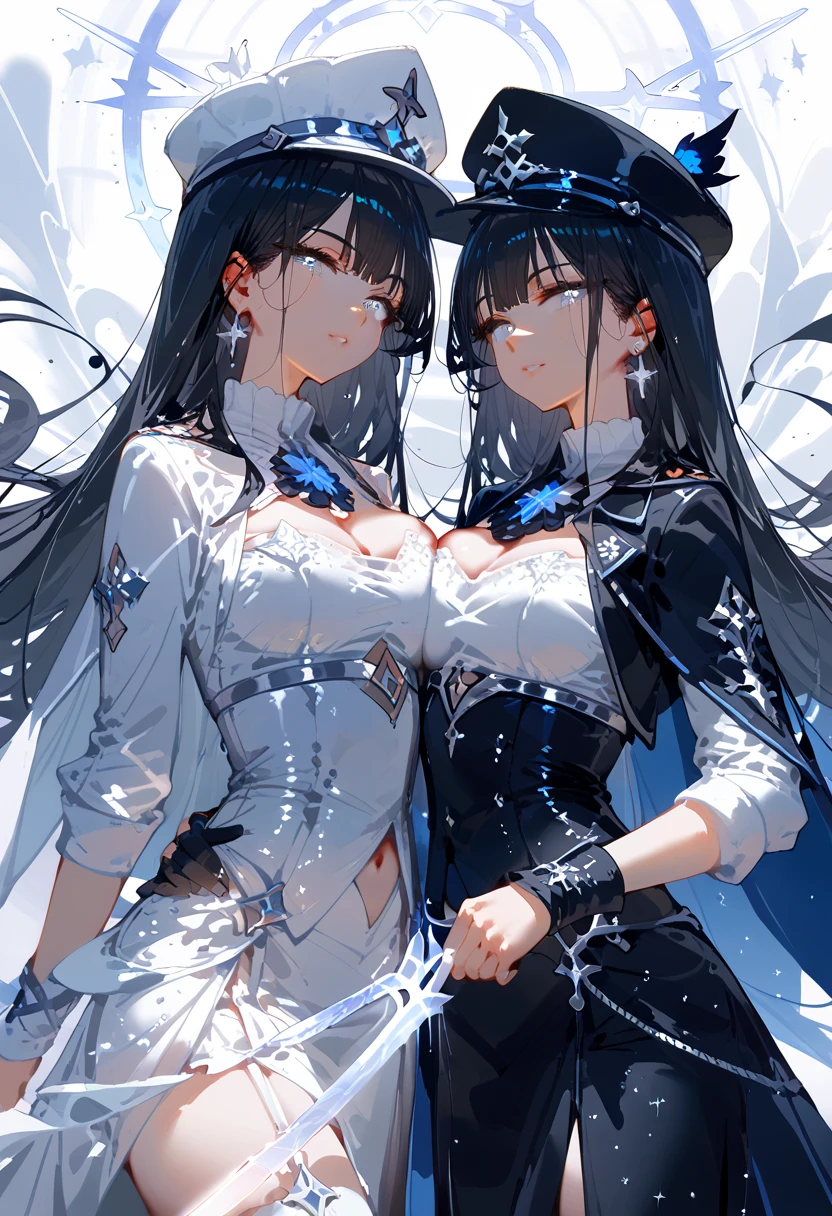 Two intimate women, celestial twins, long black Hair，One a ethereal light sorceress the other an ethereal shadow sword saint. Sexy white woman, two tone silver Lucious hair, glowing silver eyes, white outfit with silver framed gemstones. white and warm cameo colored cover, hat with long brim black and white. Futanari,
