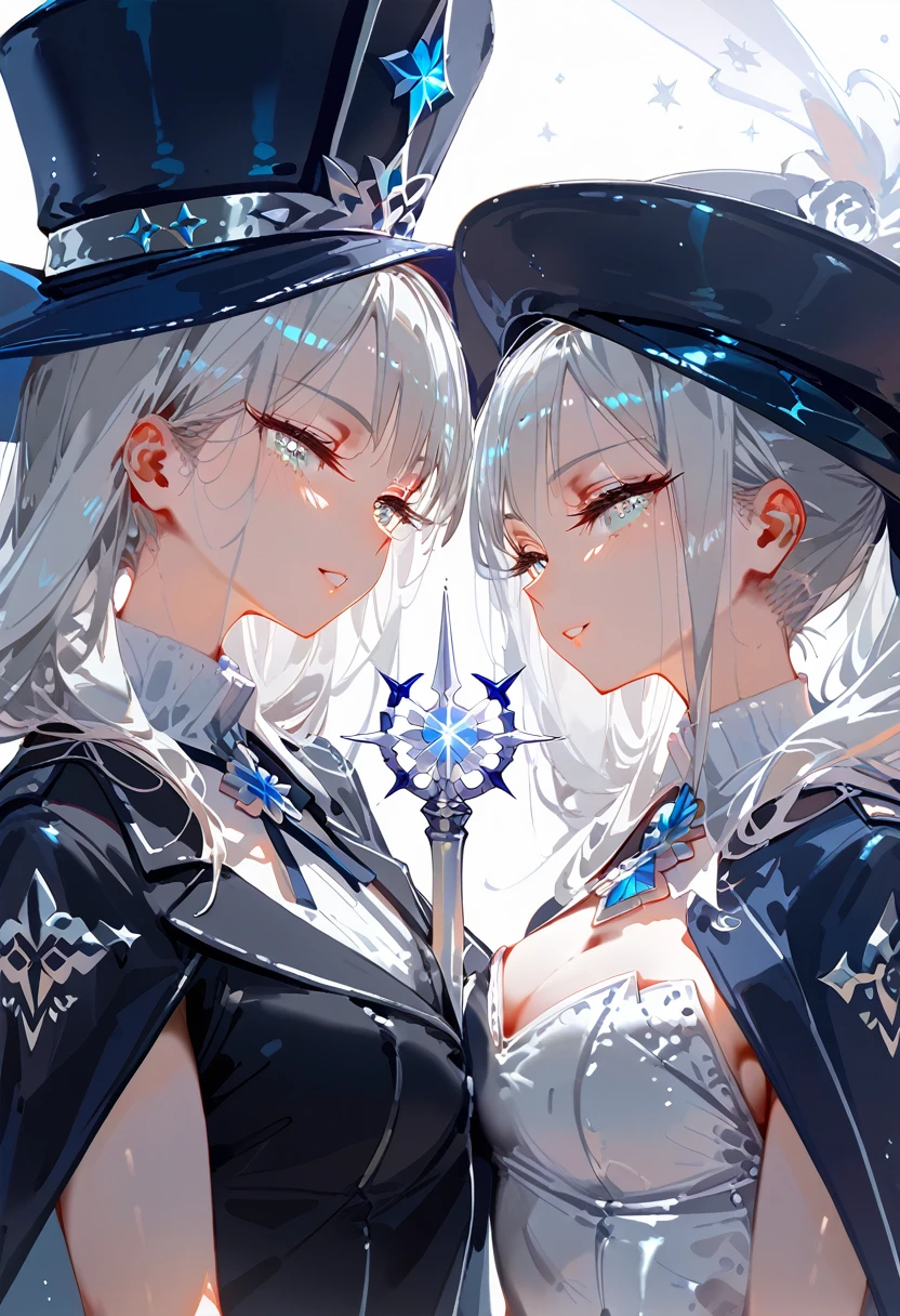 Two intimate women, celestial twins, long silver Hair，One a ethereal light sorceress the other an ethereal shadow sword saint. Sexy white woman, two tone silver Lucious hair, glowing silver eyes, white outfit with silver framed gemstones. white and warm cameo colored cover, hat with long brim black and white. Futanari,
