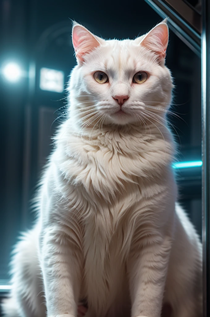 A close-up portrait of a white cat in a parallel universe, hyper detailed, cinematic, dramatic lighting, intricate sci-fi environment, neon lights, floating islands, alien architecture, glowing crystals, volumetric fog, futuristic, highly detailed, photorealistic, 8k, masterpiece, award winning, cinematic composition, dramatic angles, mood lighting, epic scale, sense of wonder, awe-inspiring