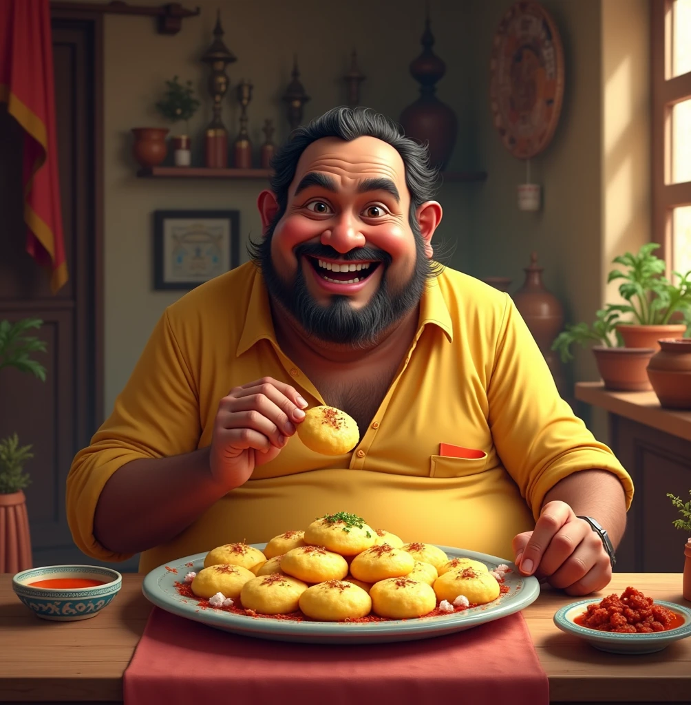 there is a man sitting on the ground with a plate of food, food advertisement, movie promotional image, food commercial 4 k, giant and fat, animation film still, tv commercial, ad image, 8 k cartoon illustration, digital cartoon painting art, cartoon still, big budget movie scene, cartoon digital painting, mobile game, official art, promotional art, eye level view