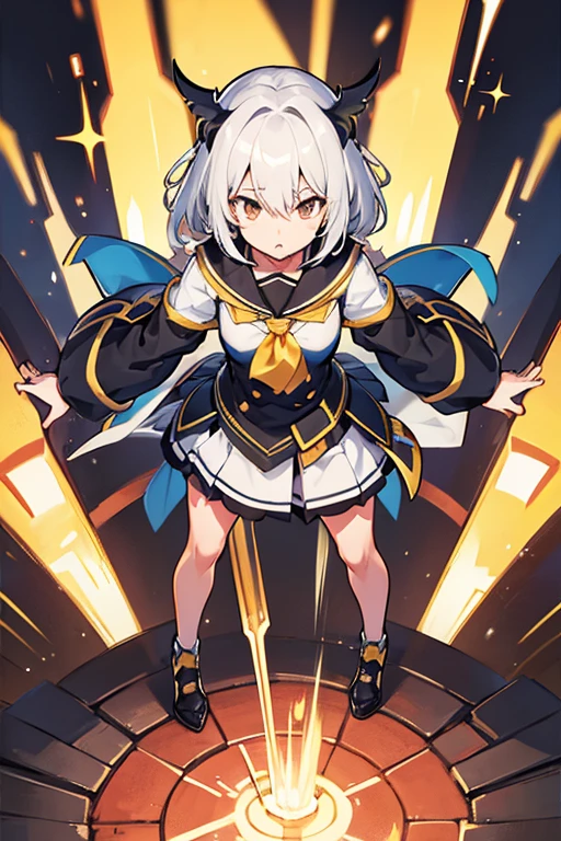 ((Masterpiece, Best Quality)), (Solo), (Female Focus), (Ahoge, Gray Hair, Short Hair), Black Eyes, Light Smile, Aperture, (White Shirt), (Button Gap), (Black Skirt), Standing, White Background, Back Arms, Dynamic Angle