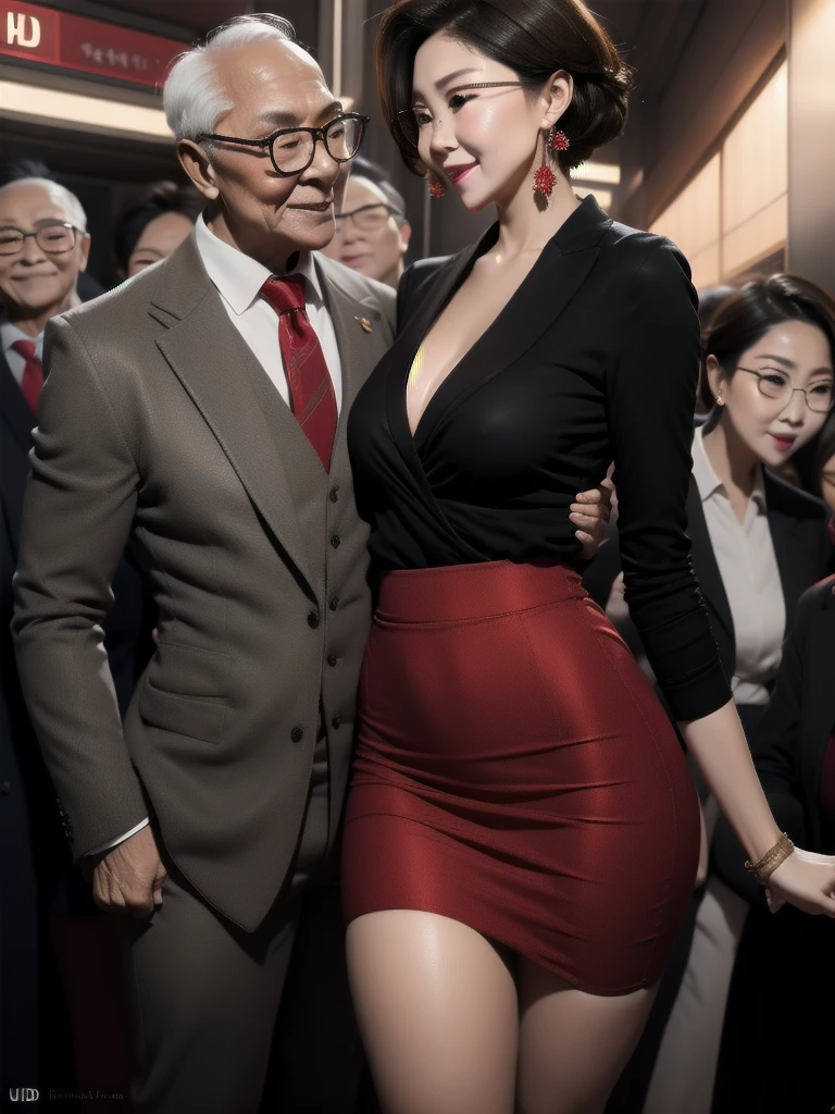 A beautiful woman wearing a revealing skirt suit, her elderly husband hugged and kissed her from behind in the crowded crowd, UHD, masterpiece, textured skin, super detail, best quality, 8k.