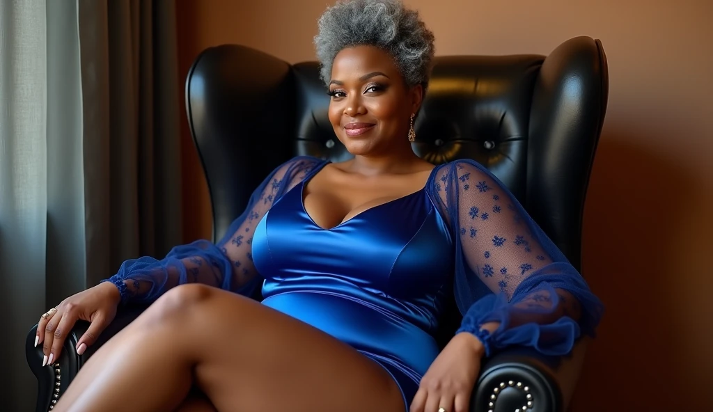 A Nigerian plus-size mature big bust model with a grey hair in a cobalt blue bust revealing satin babydoll with sheer lace sleeves sits on a modern leather chair. Her pose is strong and inviting, with one leg crossed and her arms resting on the chair’s sides.