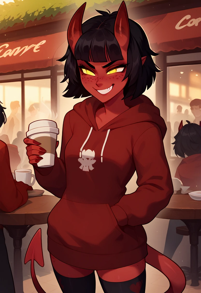 score_9_up, score_8_up, score_7_up, rating_safe, solo focus, cowboy shot, straight-on, facing viewer, Expressiveh, meruXL, short hair, black hair, blunt bangs, yellow eyes, red skin, freckles, horns, demon tail, small breasts, grin, red hoodie, text print, black thighhighs , outside, horizon, at a cafe, coffee, afternoon,