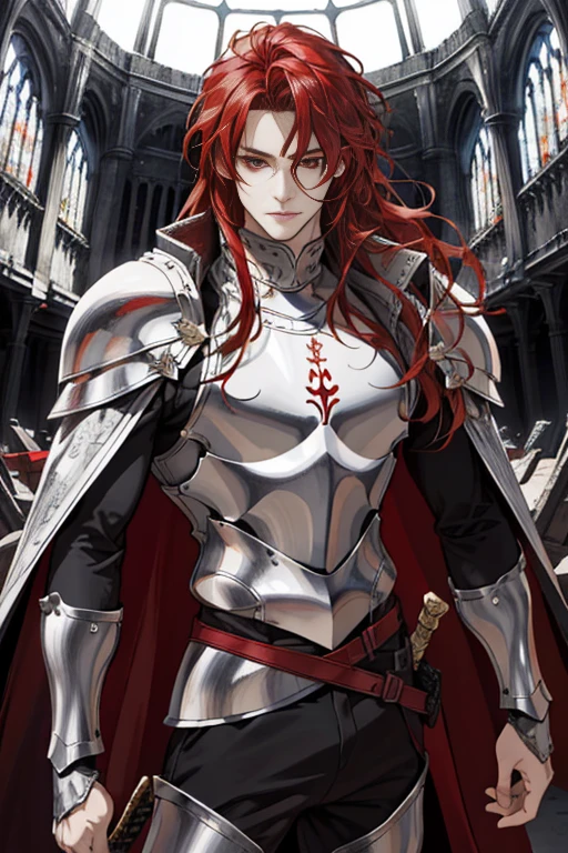 full HD, 4K, better quality, ((1 Adult man, 40 years))), ((red long Hair)), ((red eyes)), (slightly curly hair), crimson knight, ruins of a destroyed castle in the background, Large assembly, Pumped up body, good anatomy, (super detailed face), (Detailed eyes, Even the eyes), intense look, soft expression, Dynamic pose with black cloak behind back, glowing light, medieval fantasy style, (image of a knight in patterned armor, he holds a sword in his hands)