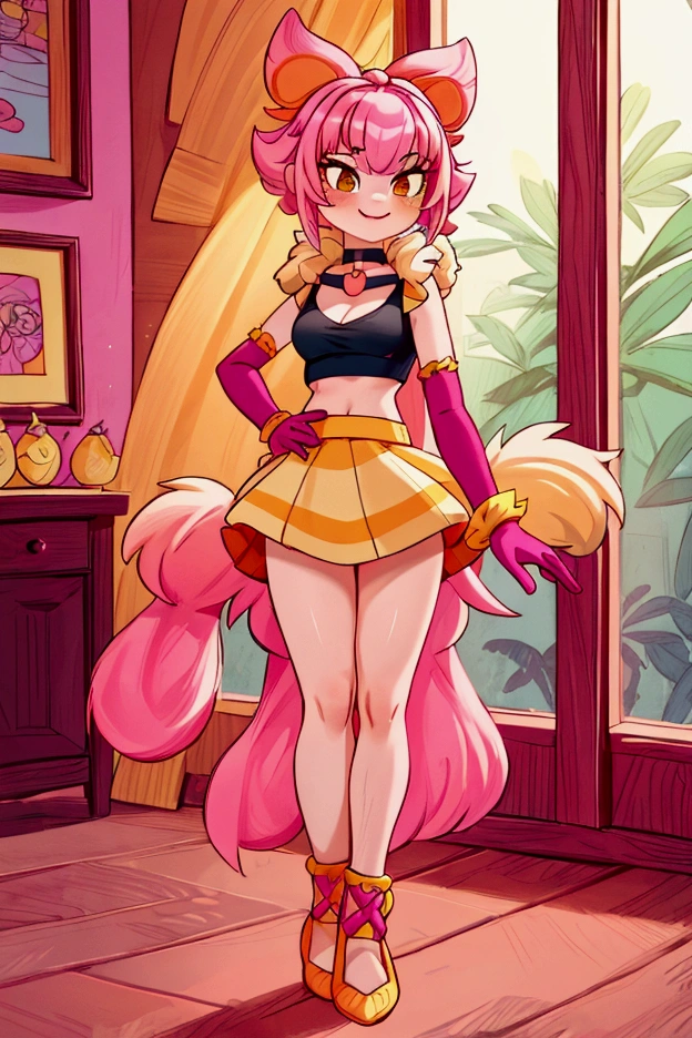 "Masterpiece, best quality, 1 girl, pink hair, big bow, elbow gloves, black crop top, fur stole, choker, standing indoors with intricate details and sunlight. black orange and yellow frilled dress striped with short neckline, Sweet smile, sexy pose, coquette, beautiful legs, mature body, gorgeous, pronounced breasts