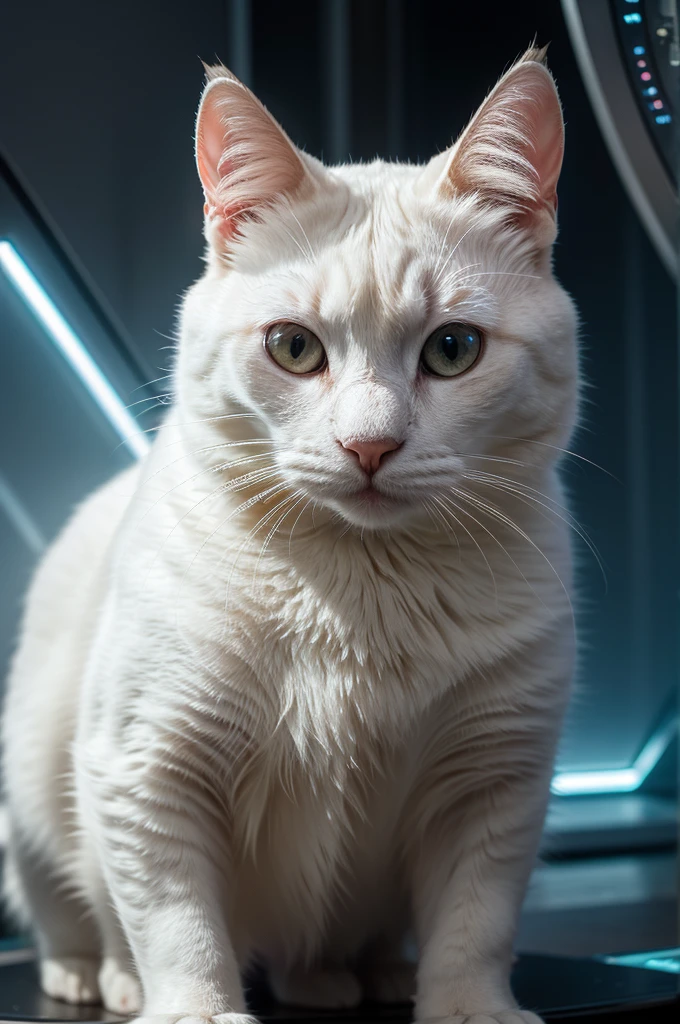 A close-up portrait of a white cat in a parallel universe, hyper detailed, cinematic, dramatic lighting, intricate sci-fi environment, neon lights, floating islands, alien architecture, glowing crystals, volumetric fog, futuristic, highly detailed, photorealistic, 8k, masterpiece, award winning, cinematic composition, dramatic angles, mood lighting, epic scale, sense of wonder, awe-inspiring