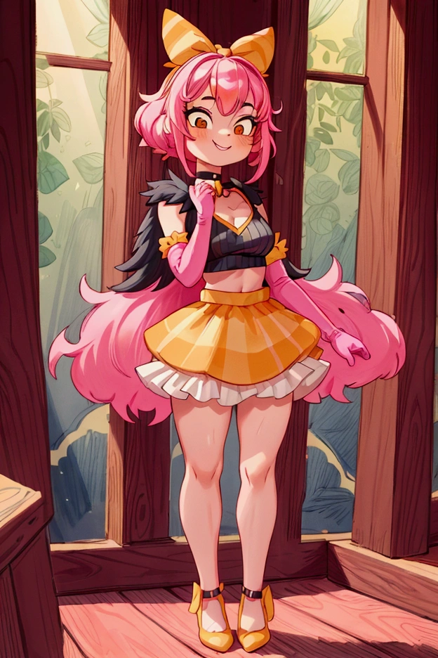 "Masterpiece, best quality, 1 girl, pink hair, big bow, elbow gloves, black crop top, fur stole, choker, standing indoors with intricate details and sunlight. black orange and yellow frilled dress striped with short neckline, Sweet smile, sexy pose, coquette, beautiful legs, mature body, gorgeous, pronounced breasts