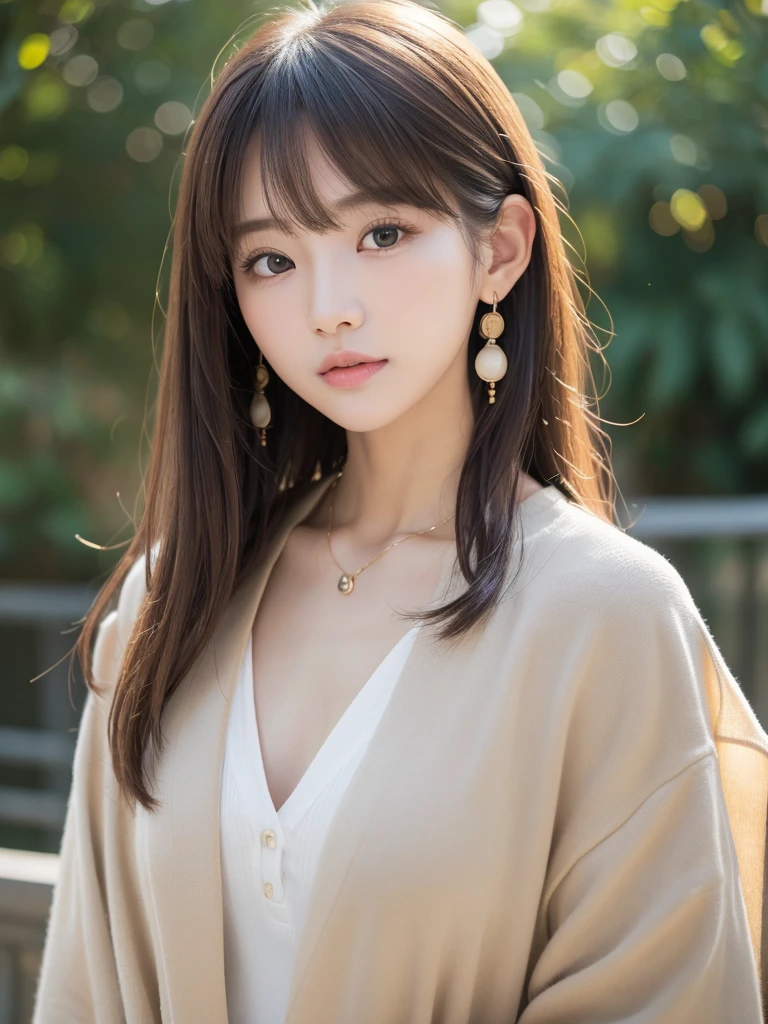 ((Highest quality, 8k, masterpiece:1.3)), concentrate: 1.2, Perfect body beauty: 1.4, Hips: 1.2, ((Long Hair, chest: 1.2)), (Dry clothes: 1.1) , (clear, Simple Background:1.3), Simple clothes: 1.1, Highly detailed face and skin texture,Delicate eyes, double eyelid, Whitened skin, Rough skin、Long Hair、Earrings with bangs、necklace、 solo、Beige coat、White shirt, (((Beautiful girl with cute Japan)))、 ((Beautiful Japanese girl 20 years old))、 ((Baby Face))、 (((Slender body)))、 Upper Body,Face focus、necklace,Simple Background,From above, Realistic Hair、 A photograph was taken:Canon EOS R6、135mm、1/1250 seconds、f2.8、ISO400、(Detailed explanation of the hand)、(Masseter muscle area)、(Exquisite CG)、Long Hair, loose and curly hair、Korean Hair、Long Hair明るいベージュ色、グラデーションハイライトグレージュのゆるふわLong Hairスタイル、