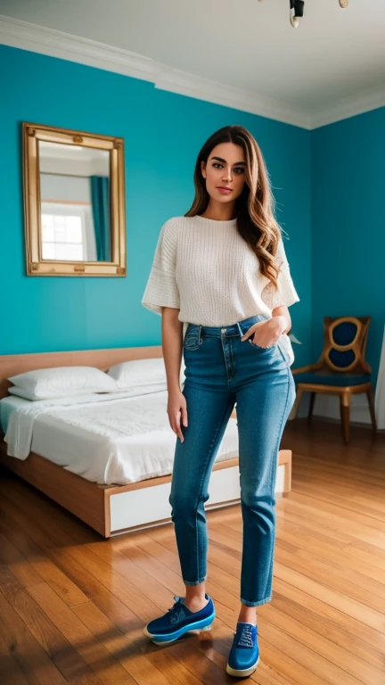 woman posing on a blue scooter in a room, a portrait by John La Gatta, instagram, fine art, livia prima, shot on canon eos r 5, shot on canon eos r5, t100, t 1 0 0, super model-s 100, 🤬 🤮 💕 🎀, unreal ungine 5