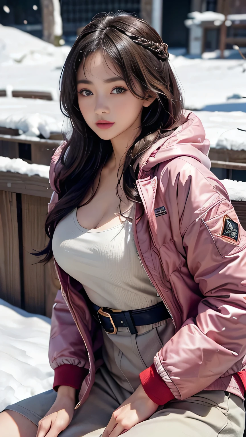 ((best quality)), ((masterpiece)), (detailed), perfect face, beautiful Japanese woman, silk tight burgundy moncler puffer coat, seductive, aroused, mouth open, ahegao, curvy figure, ((tight puffer coat)), fur hood, silk bra, large breasts, (open coat), cleavage, thick bra straps, black hair,