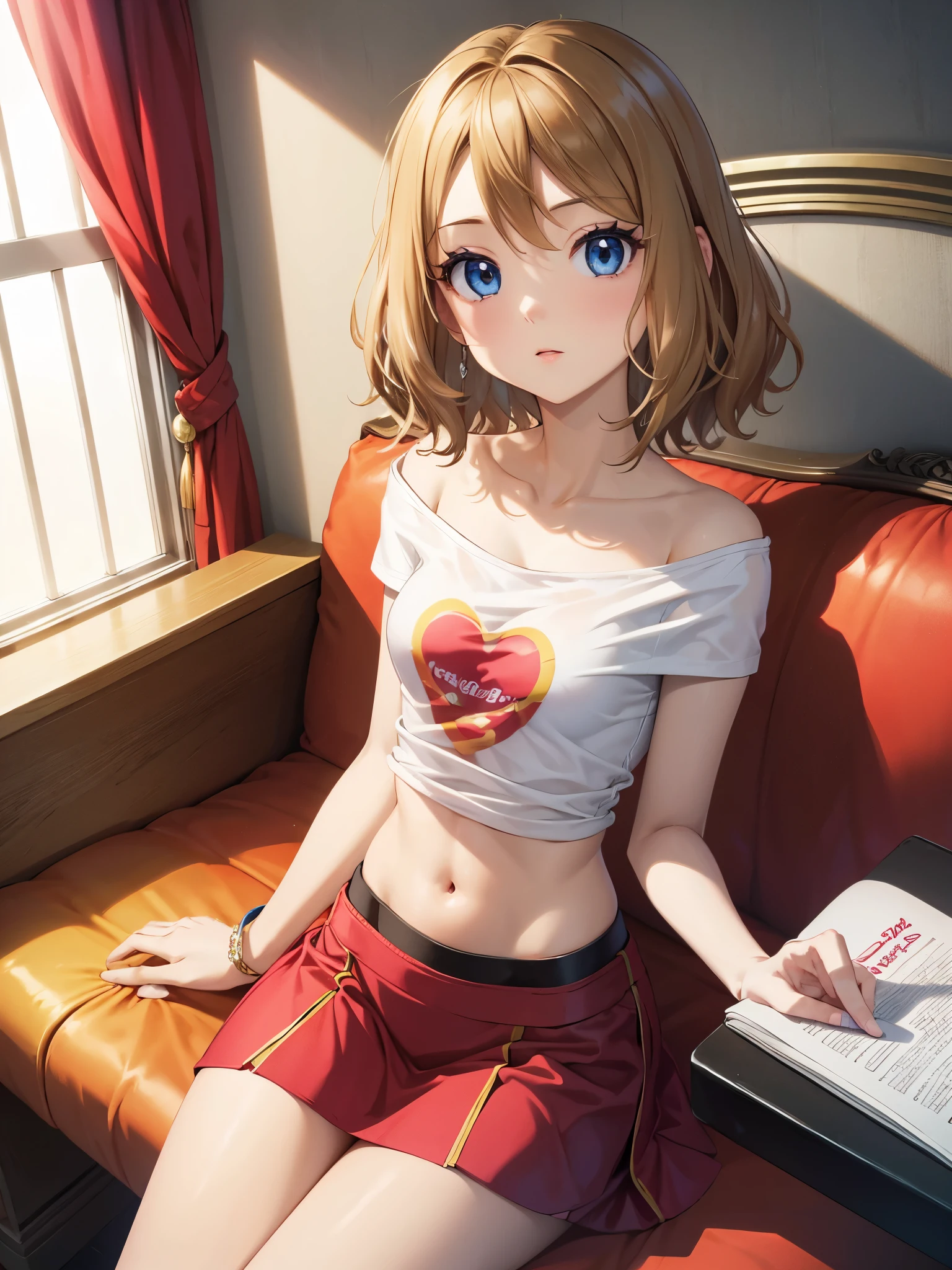 1woman, beautiful woman, photo of slim girl model, cute young woman, happy, small, (Young), good-looking, very short t-shirt, printed t-shirt, miniskirt, light brown hair, short hair, wavy hair, bare arms, medium breasts, blue eyes, perfect anatomy, perfect hands, detailed eyes, navel, midriff, beautiful and detailed lips, woven bracelets, indoors, red coach, sitting on coach, close up, on back, long eyelashes, beautiful face, detailed eyelashes, detailed lips, lip gloss,