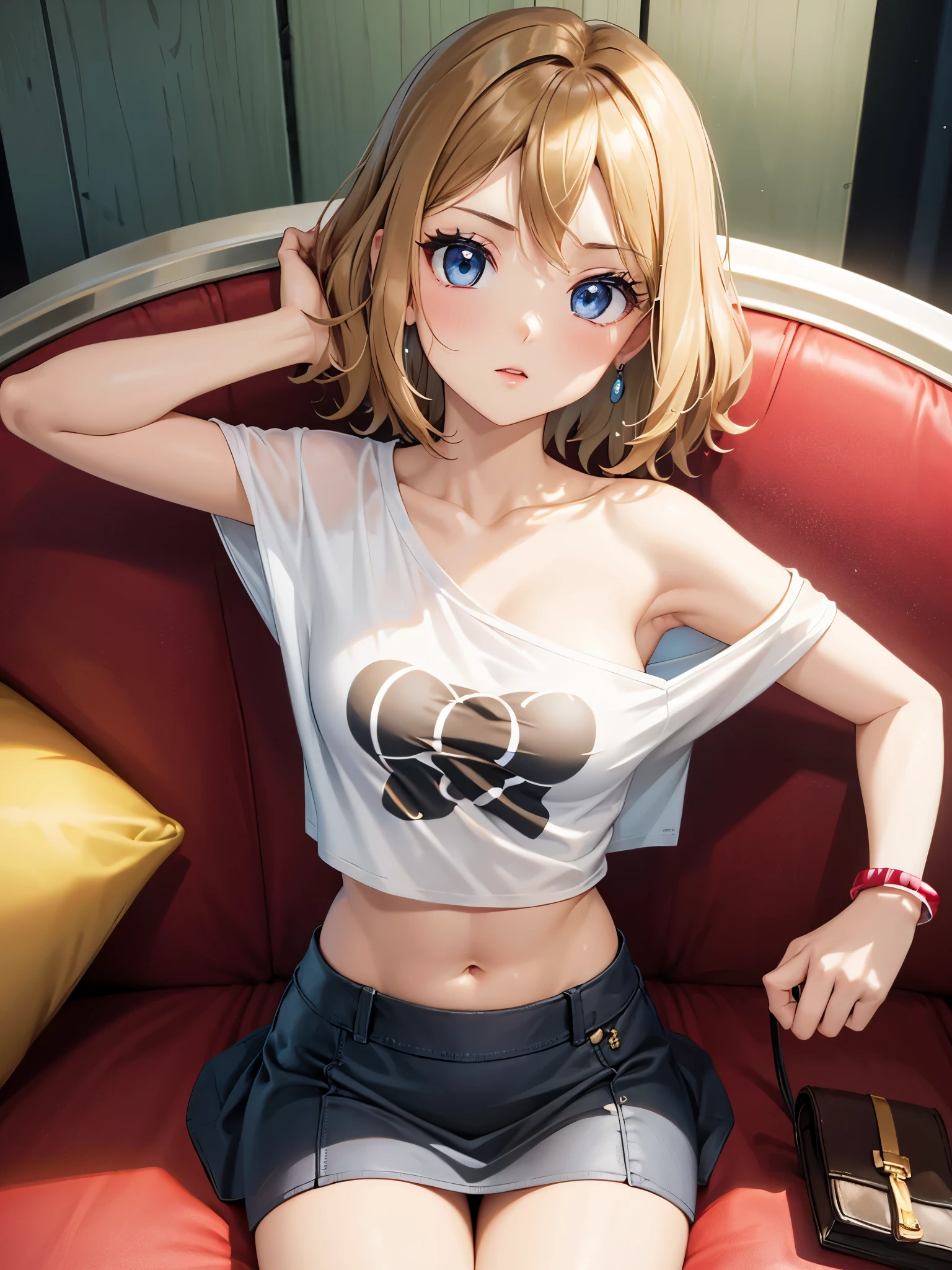 1woman, beautiful woman, photo of slim girl model, cute young woman, happy, small, (Young), good-looking, very short t-shirt, printed t-shirt, miniskirt, light brown hair, short hair, wavy hair, bare arms, medium breasts, blue eyes, perfect anatomy, perfect hands, detailed eyes, navel, midriff, beautiful and detailed lips, woven bracelets, indoors, red coach, sitting on coach, close up, on back, long eyelashes, beautiful face, detailed eyelashes, detailed lips, lip gloss,