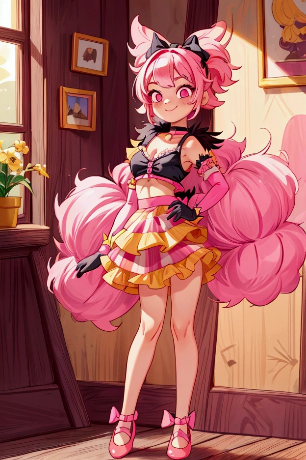 "Masterpiece, best quality, 1 girl, pink hair, pink eyes, big bow, elbow gloves, black crop top, fur stole, choker, standing indoors with intricate details and sunlight. black orange and yellow frilled dress striped with short neckline, Sweet smile, sexy pose, coquette, beautiful legs, mature teen body, gorgeous, pronounced breasts