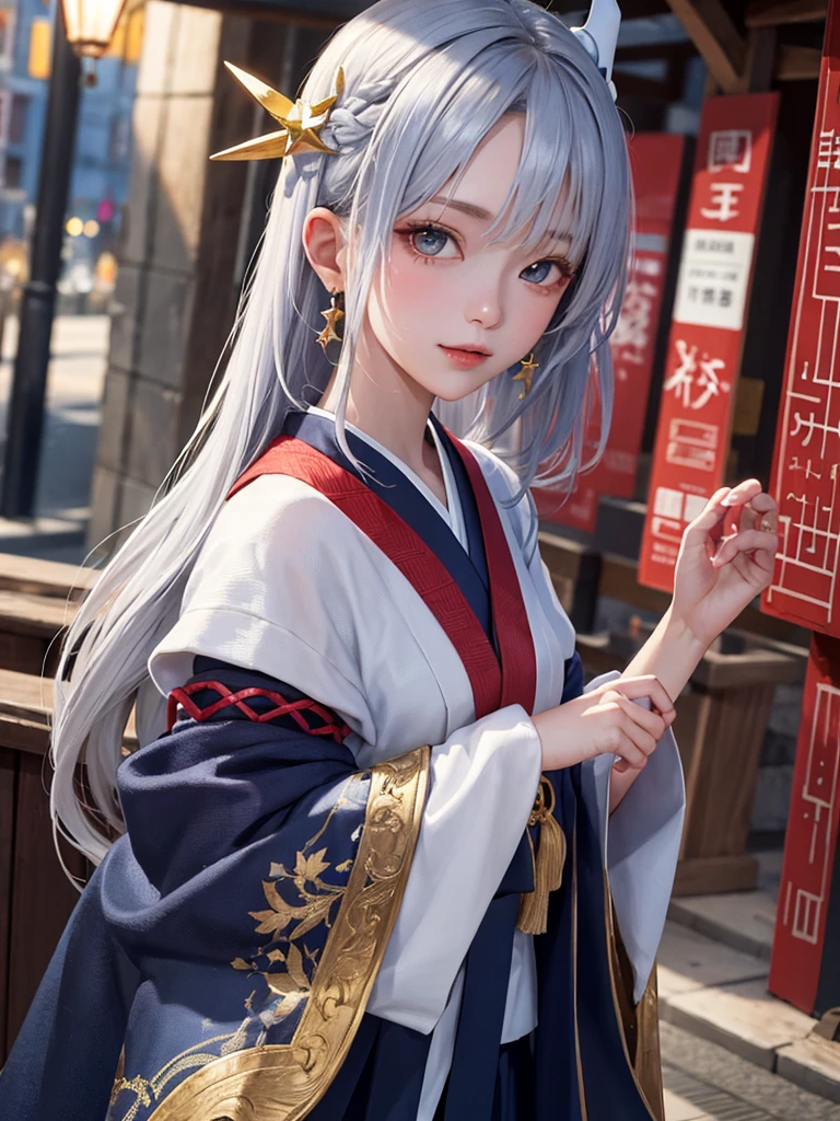 1 girl, white hair, blue eyes, wearing traditional japanese clothing, absurdres, high res, ultrasharp, 8K, masterpiece, looking at viewer