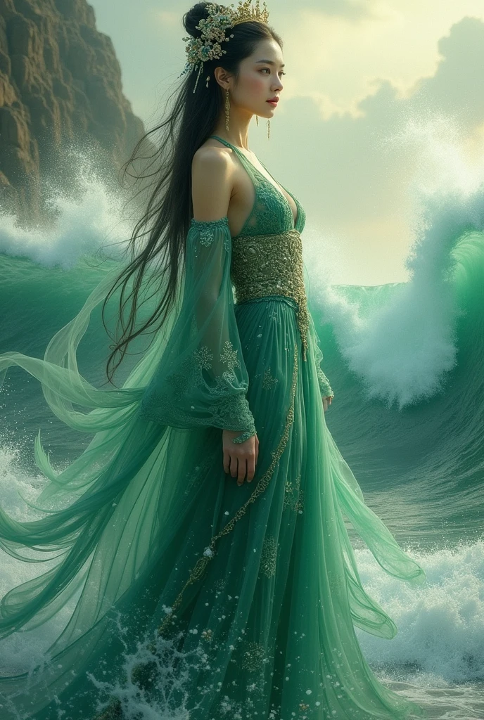 A dramatic and enchanting scene of Nyi Roro Kidul, the Queen of the Southern Sea. She is standing on a rocky cliff by the ocean, wearing a green and gold traditional dress, her long hair flowing in the wind. The ocean is wild and turbulent, with waves crashing against the rocks. A mysterious light surrounds her, making her appear otherworldly and powerful. The sky is dark and filled with storm clouds, enhancing the dramatic and eerie mood of the scene. The lighting is dynamic, with detailed shadows and highlights. Hyper-detailed, ultra-sharp, 8K, UHD.