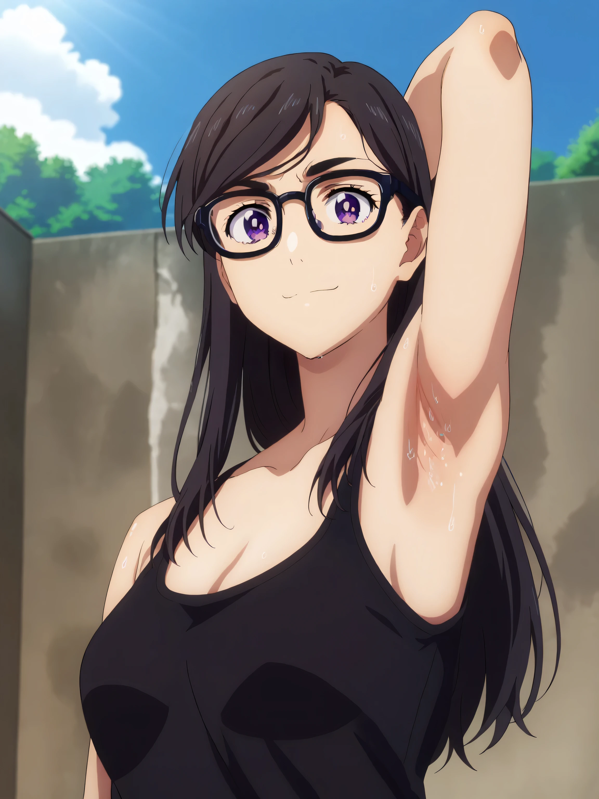 score_9, score_8_up, score_7_up, source_anime, anime screencap, 1girl, solo, hizuru minakata, long hair, black hair, glasses, purple eyes, black-framed eyewear, shirt, collarbone, black shirt, arm behind head, armpit, armpit focus, from side, (from below:1.1), looking at viewer, head towards viewer, smile, closed mouth, badhandv4, outdoors, day, sweaty