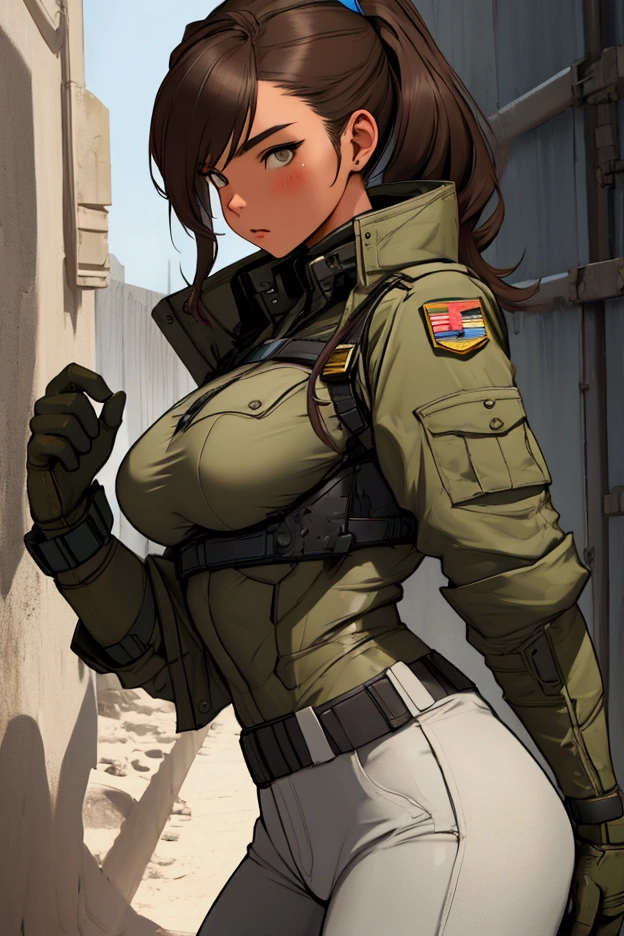 8k、Ultra-high resolution、Highest quality、masterpiece、Realistic、Ultra-high resolution、High-definition RAW color photos、Professional photos、real、photo realistic、(Always big breasts、Definitely a pretty big bust、cleavage)、Vivid lighting、Natural skin texture、Fine skin、Hyperrealism、Intricate details、Depth of written boundary、Adult women、masterpiece、Highest quality、High Detail、Eye highlights、Lip gloss、((Serious expression、((Short Hair))、Marathon runner,ruins,((Tied up with rope)):1.5))、((Combat Boots、beret,Black Leather Gloves,(Camouflage Cargo Pants,Camouflage pattern jacket,Hold a pistol):1.6)),See-through nipples