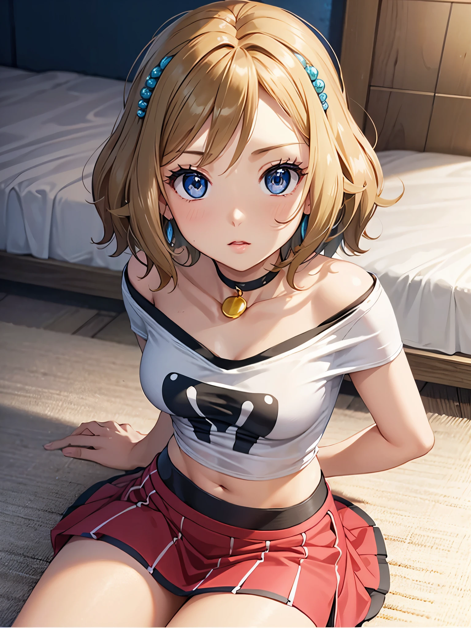 1woman, beautiful woman, photo of slim girl model, cute young woman, happy, small, (Young), good-looking, very short t-shirt, printed t-shirt, miniskirt, light brown hair, short hair, wavy hair, bare arms, medium breasts, blue eyes, perfect anatomy, perfect hands, detailed eyes, navel, midriff, beautiful and detailed lips, woven bracelets, indoors, coach, sitting on coach, close up, on back, long eyelashes, beautiful face, detailed eyelashes, detailed lips, lip gloss, anime style, naughty face, 