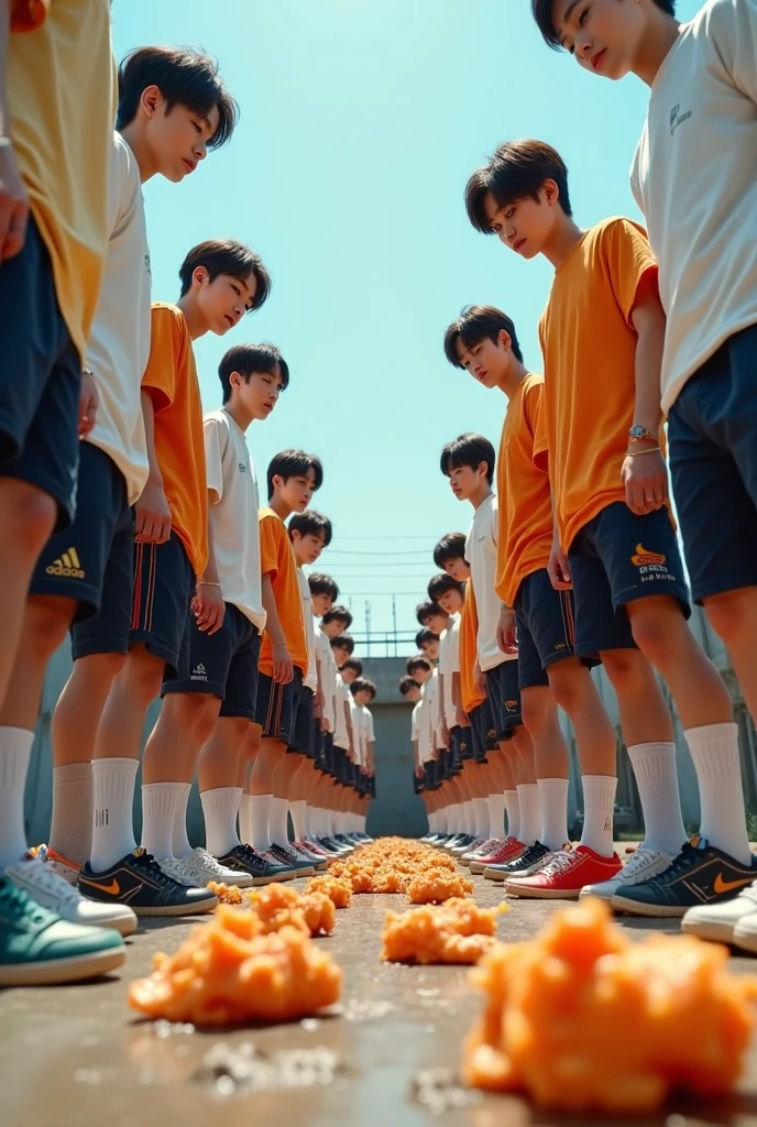 Eight boys in casual clothes，Backs holding hands with each other，Run，（full bodyesbian）over distances，by Pixar，（Fly in the sky）8K,Ultra high quality