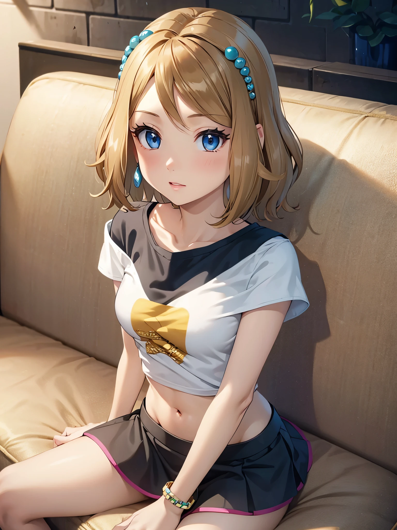 1woman, beautiful woman, photo of slim girl model, cute young woman, happy, small, (Young), good-looking, very short t-shirt, printed t-shirt, miniskirt, light brown hair, short hair, wavy hair, bare arms, medium breasts, blue eyes, perfect anatomy, perfect hands, detailed eyes, navel, midriff, beautiful and detailed lips, woven bracelets, indoors, coach, sitting on coach, close up, on back, long eyelashes, beautiful face, detailed eyelashes, detailed lips, lip gloss, anime style, naughty face,
