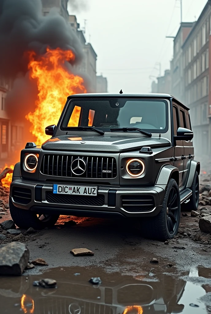 Draw me a black Mercedes G-Class in the middle of a riot in Madagascar with protesters dressed in Orange and White