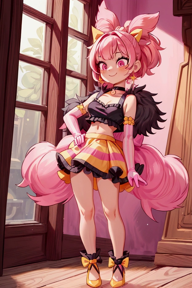 "Masterpiece, best quality, 1 girl, pink hair, pink eyes, big bow, elbow gloves, black crop top, fur stole, choker, standing indoors with intricate details and sunlight. black orange and yellow frilled dress striped with short neckline, Sweet smile, sexy pose, coquette, beautiful legs, mature  body, gorgeous, pronounced breasts