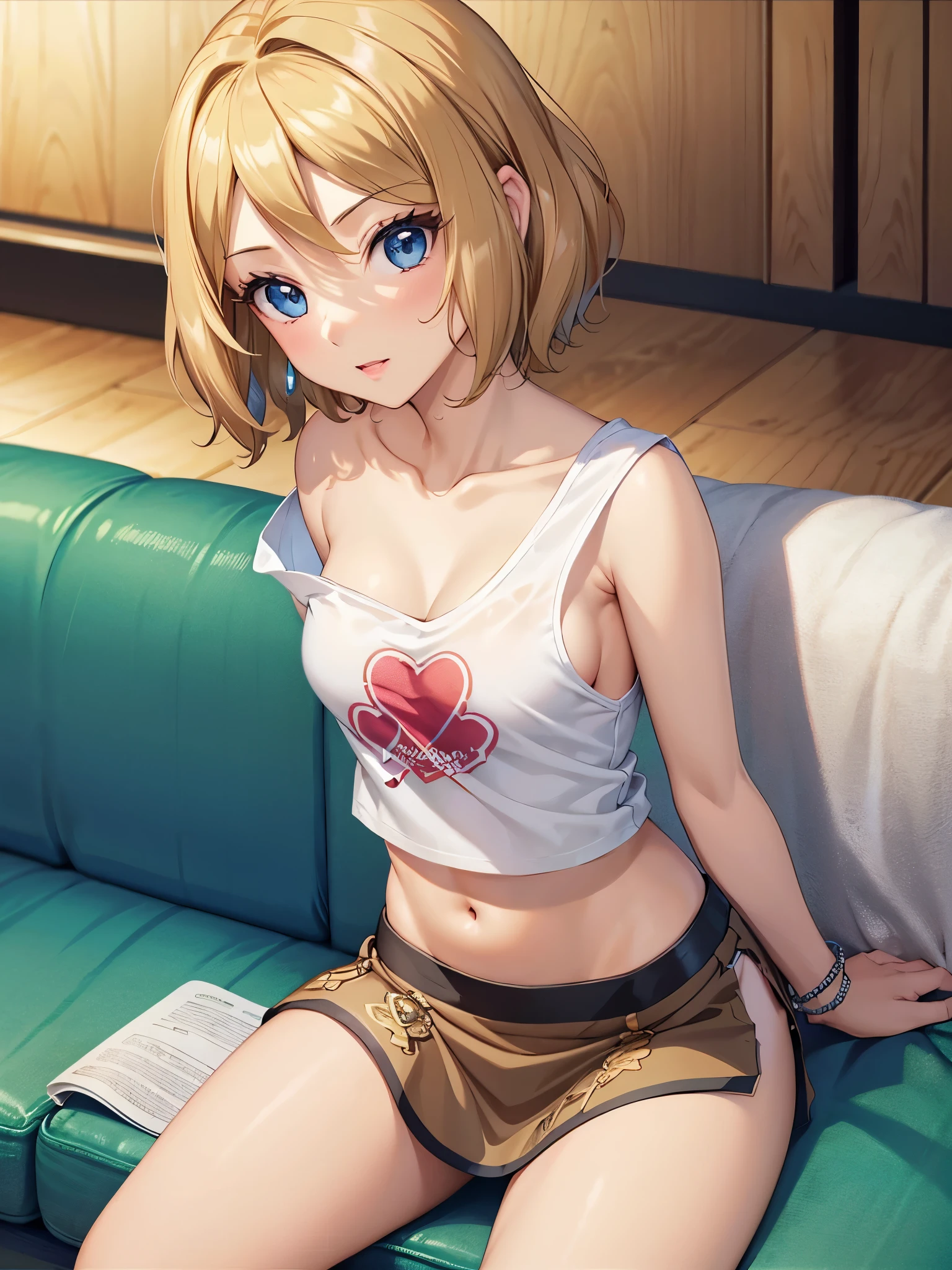 1woman, beautiful woman, photo of slim girl model, cute young woman, happy, small, (Young), good-looking, very short t-shirt, printed t-shirt, miniskirt, light brown hair, short hair, wavy hair, bare arms, medium breasts, blue eyes, perfect anatomy, perfect hands, detailed eyes, navel, midriff, beautiful and detailed lips, woven bracelets, indoors, coach, sitting on coach, close up, on back, long eyelashes, beautiful face, detailed eyelashes, detailed lips, lip gloss, anime style, naughty face, 