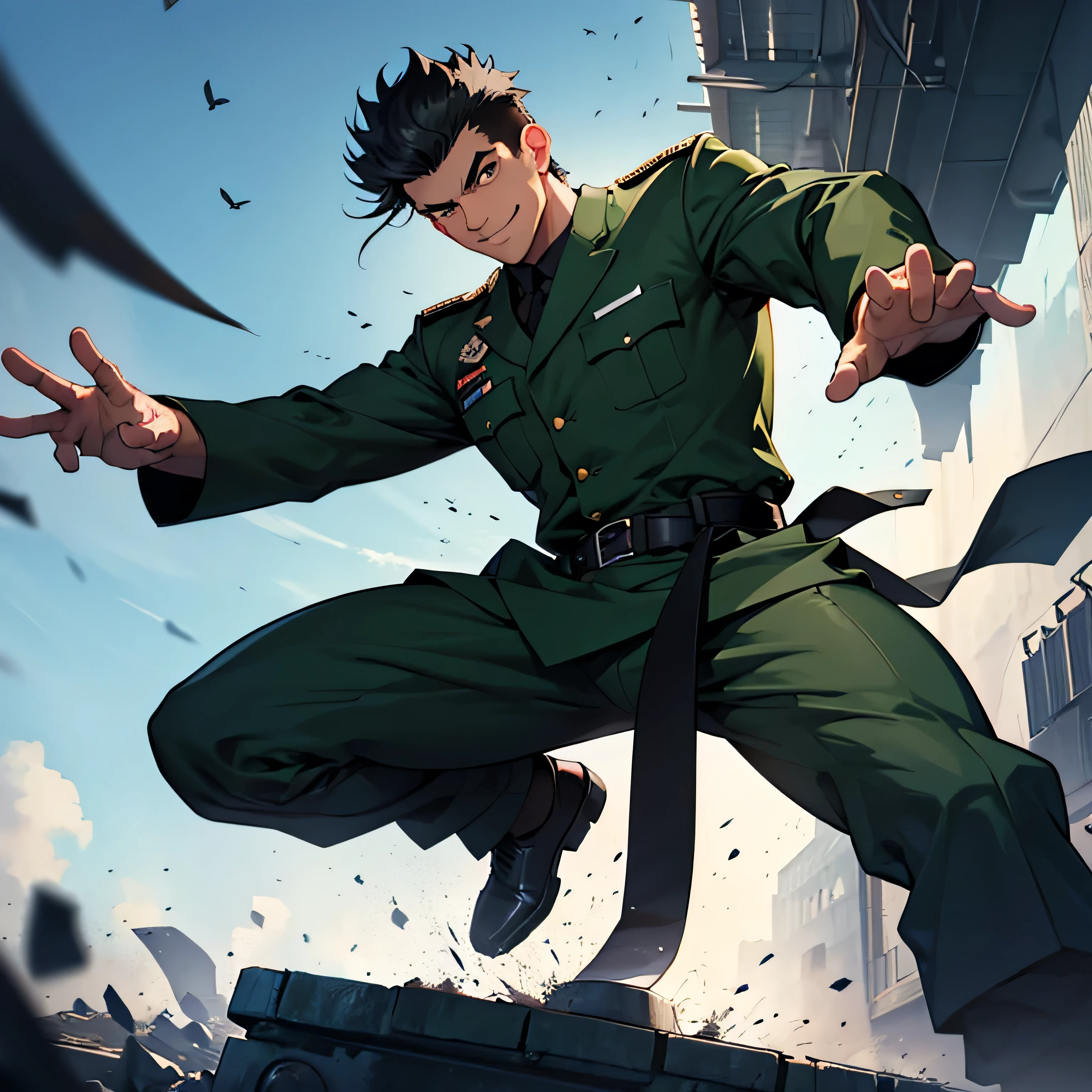 Age 35,, Dark green military uniform、 black slim pants  , black belt、cool battle pose、Spread your legs wider,black belt,logic, Gay , black hair, short hair on the side of the uniform, thick eyebrows,The eye is a blind spot、 Lightly Set Your Hair with Wax 、Masculine,salaryman,Mob characters,bad student、View from below　The villain's smile　 face up