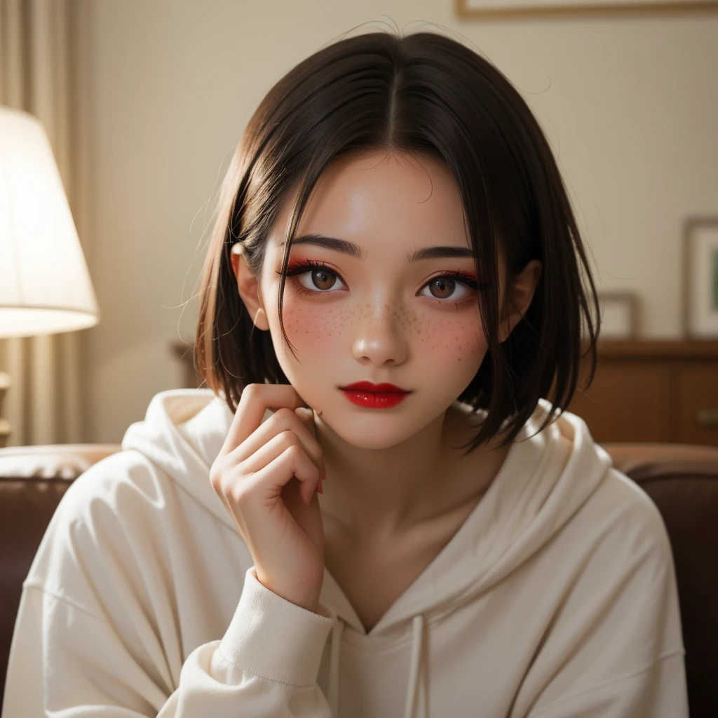 High_detail, looking_at_viewer, on_couch, blush, arm_support, head_on_hand, lamp, close-up:0.5, aged_down, high_contrast,:/, beauty, warm lighting, dark theme, low light, Japanese, pretty girl, short_hair, [black_hair:red_streaks:10], parted_bangs, tan, eyeliner, red_lipstick, freckles, sexy, white oversized_hoodie