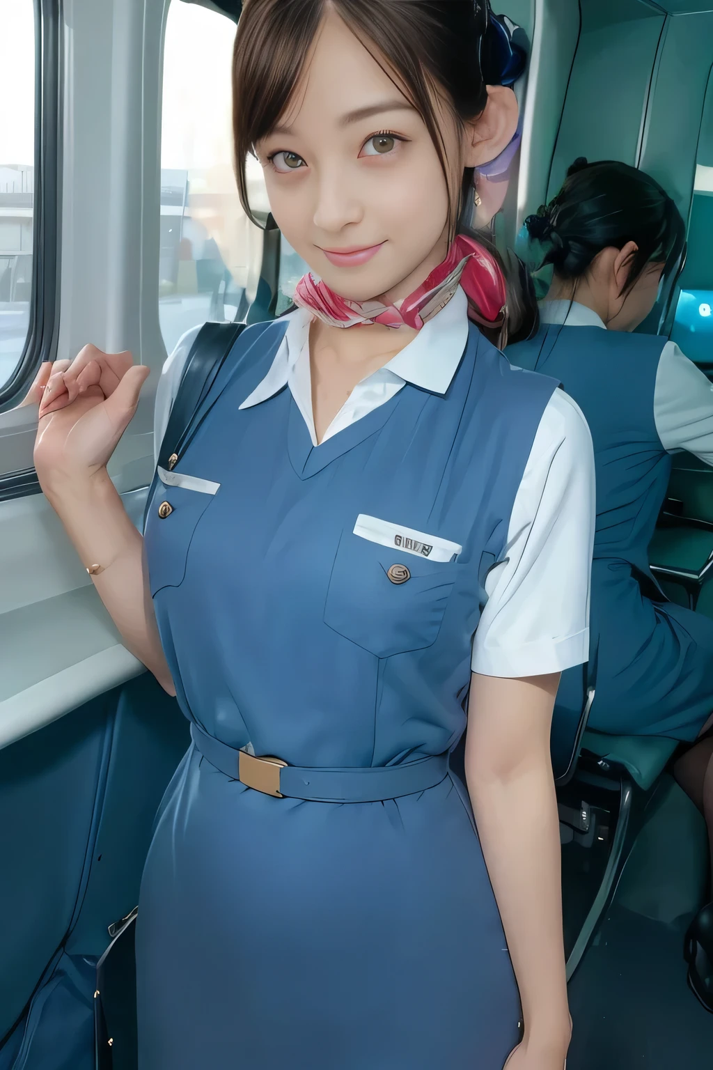 (masterpiece:1.2,  best quality:1.2), 32kHDR,  high definition , (alone、 1 girl)、（Rooftop of a building during the day、Professional Lighting）、With the roof of the building in the background 、（ Realistic Style Japan Air System Flight Attendant Uniform Blue ）、（（Japan Airlines System Flight Attendant Uniform Blue Jumper Skirt 両側にポケット付き、Japan Airlines System Flight Attendant Uniform Blue Jumper Skirt 、Japan Airlines System Flight Attendant Uniform Blue Jumper Skirt with Buttons on Both Chest Pockets 、 white short sleeve blouse 、 Light Blue Vest with Waist 、Scarf around the neck））、  Lots of dark brown hair 、（Long Hair、Hair tied up、Hair tied up）、  Lots of dark brown hair 、Long Hit、Big Breasts、Thin legs、（（ amazing hands：2.0）），（（ Harmonious Body Proportions ：1.5）），（（Normal limbs：2.0）），（（Usually refers to：2.0）），（（ delicate eyes ：2.0）），（（Normal eyes：2.0））)、smile、（Japan air system cabincrew uniform blueを見せた美しい立ち姿）、Hands crossed underneath 