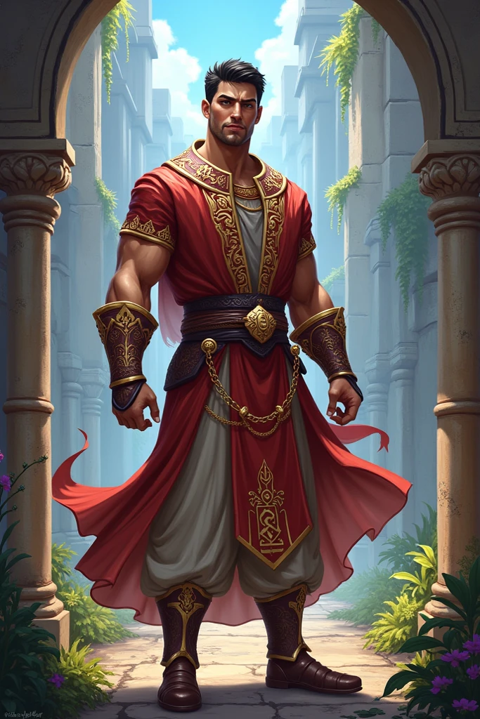 A young monk aged 25, european features, green eyes, bald, muscular build light and athletic, dragon styled holy symbol, white robes with platinum trim. Holy golden energy emenates from his hands, a translucent visage o Bahamut is near him. He is in a martial arts stance. He is in a romanian medieval village on a moonlit night, full body picture, show him from head to toe