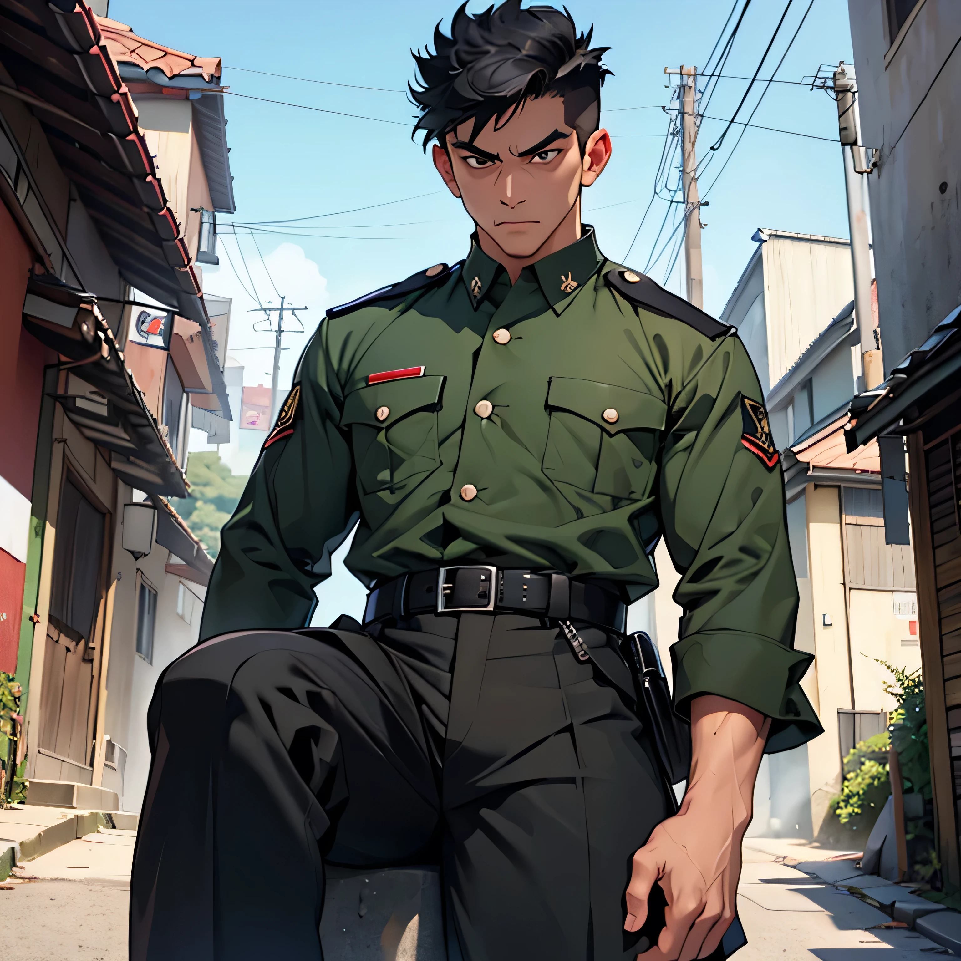 Age 35,, Dark green military uniform、 black slim pants  , black belt、cool battle pose、Spread your legs wider,black belt,logic, Gay , black hair, short hair on the side of the uniform, thick eyebrows,The eye is a blind spot、 Lightly Set Your Hair with Wax 、Masculine,salaryman,Mob characters,bad student、View from below　Menacing look　 face up