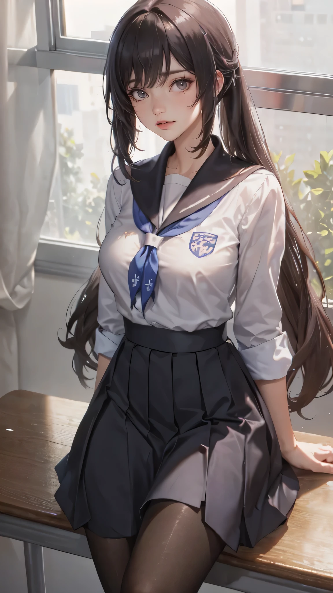 (masterpiece:1.2, top-quality), (realistic, photorealistic:1.4), beautiful illustration, (natural side lighting, movie lighting), , 
looking at viewer, 1 girl, japanese, high school girl, perfect face, cute and symmetrical face, shiny skin, 
(long hair:1.4, hime style, hime cut, navy blue hair), blunt bangs, purple eyes, big eyes, long eye lasher, (,  thighs), slender, 
beautiful detailed hair, beautiful detailed face, beautiful detailed eyes, beautiful clavicle, beautiful body, beautiful , beautiful thigh, beautiful legs, beautiful fingers, 
(short sleeve white collared shirt, gray pleated miniskirt, blue bow tie, black thigh-highs), 
(beautiful scenery), evening, (dining room:1.2), standing, (lovely smile, upper eyes, parted lips),