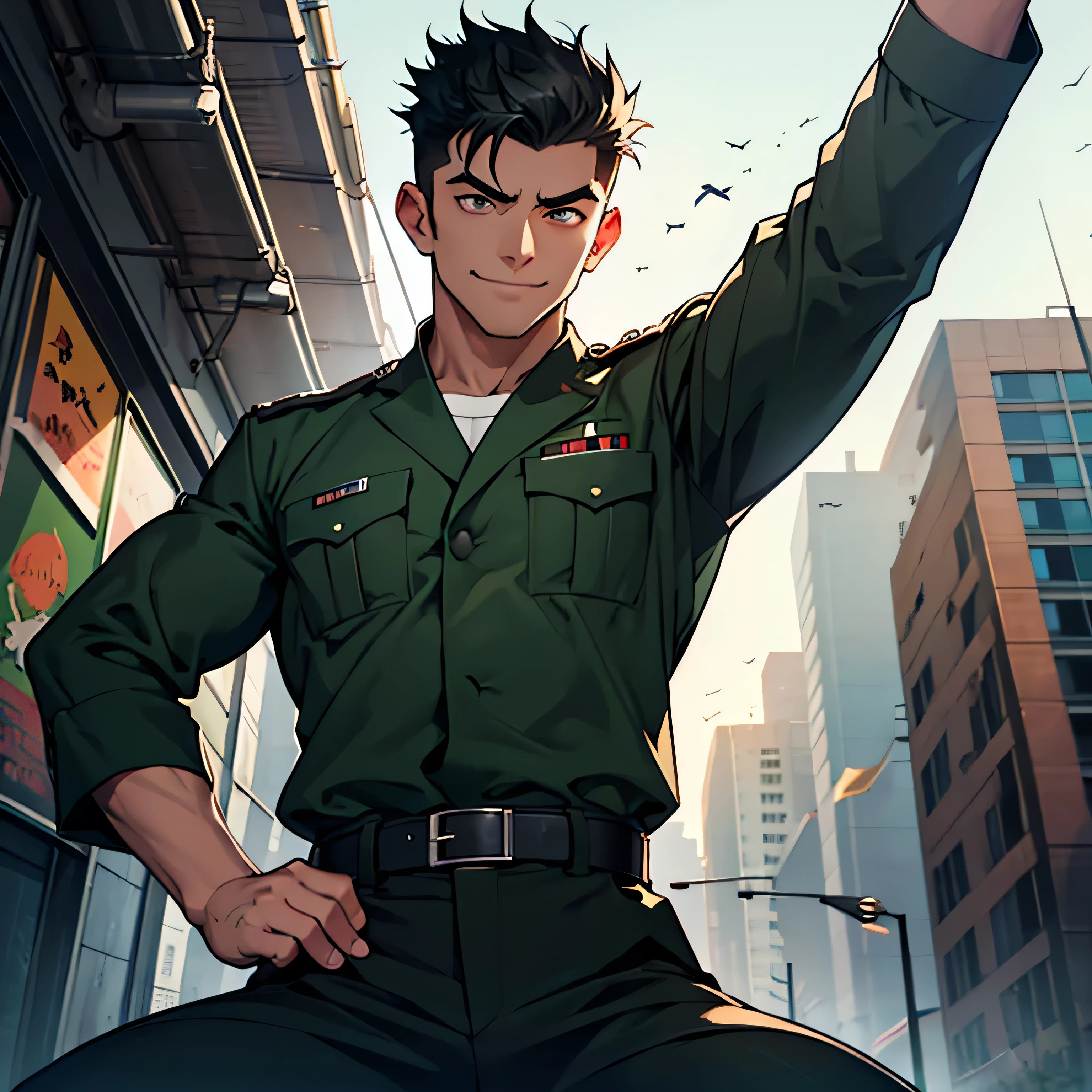 Age 25,, Dark green military uniform、 black slim pants  , black belt、cool battle pose、Spread your legs wider,black belt,logic, Gay , black hair, short hair on the side of the uniform, thick eyebrows,The eye is a blind spot、 Lightly Set Your Hair with Wax 、Masculine,salaryman,Mob characters,bad student、View from below　The villain's smile　 face up