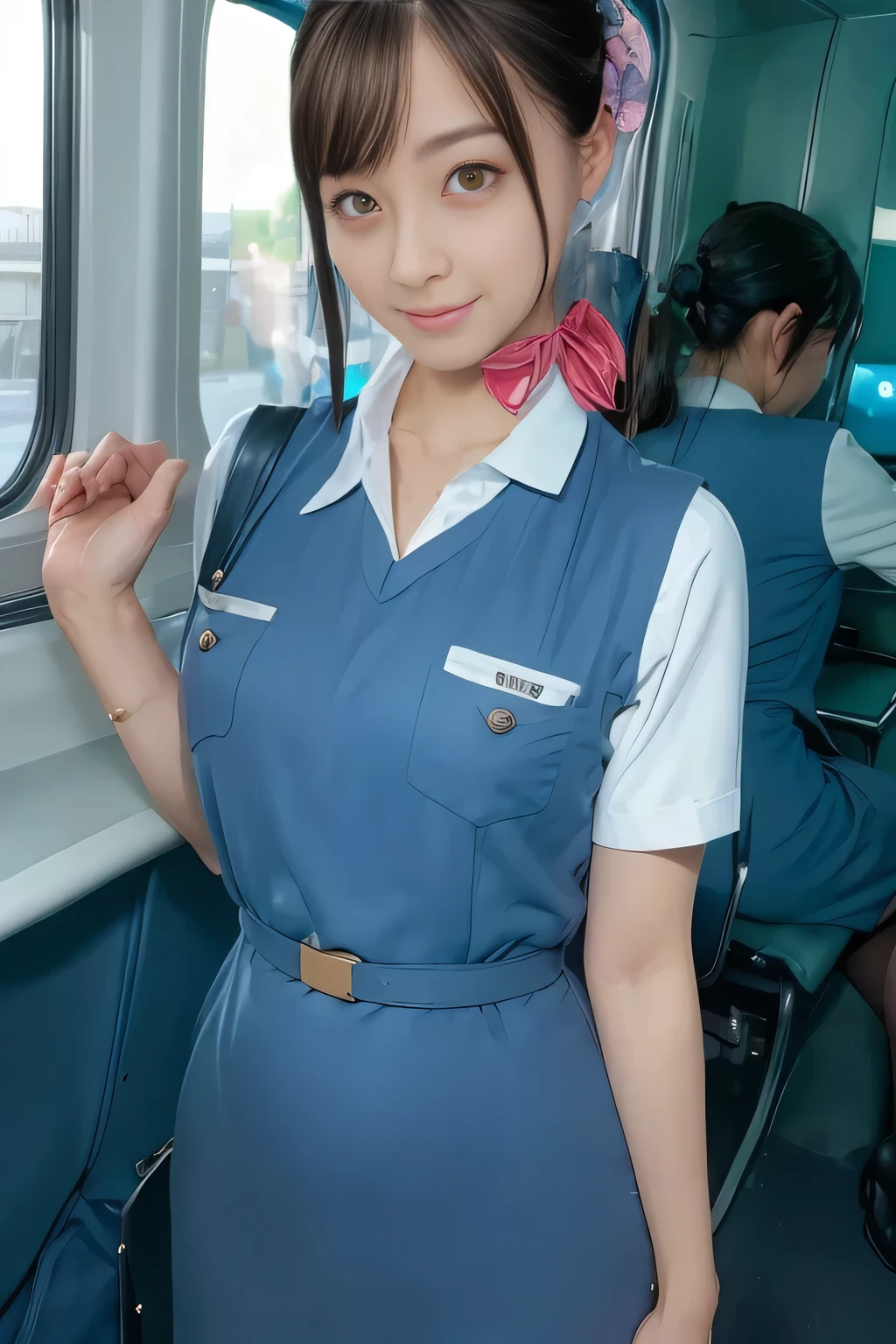 (masterpiece:1.2,  best quality:1.2), 32kHDR,  high definition , (alone、 1 girl)、（Rooftop of a building during the day、Professional Lighting）、With the roof of the building in the background 、（ Realistic Style Japan Air System Flight Attendant Uniform Blue ）、（（Japan Airlines System Flight Attendant Uniform Blue Jumper Skirt 両側にポケット付き、Japan Airlines System Flight Attendant Uniform Blue Jumper Skirt 、Japan Airlines System Flight Attendant Uniform Blue Jumper Skirt with Buttons on Both Chest Pockets 、 white short sleeve blouse 、 Light Blue Vest with Waist 、Scarf around the neck））、  Lots of dark brown hair 、（Long Hair、Hair tied up、Hair tied up）、  Lots of dark brown hair 、Long Hit、Big Breasts、Thin legs、（（ amazing hands：2.0）），（（ Harmonious Body Proportions ：1.5）），（（Normal limbs：2.0）），（（Usually refers to：2.0）），（（ delicate eyes ：2.0）），（（Normal eyes：2.0））)、smile、（Japan air system cabincrew uniform blueを見せた美しい立ち姿）、Hands crossed underneath 