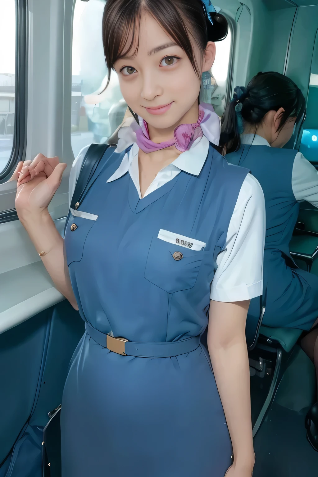 (masterpiece:1.2, best quality:1.2), 32kHDR, high definition , (alone、 1 girl)、(Rooftop of a building during the day、Professional Lighting)、With the roof of the building in the background 、( Realistic Style Japan Air System Flight Attendant Uniform Blue )、((Japan Airlines System Flight Attendant Uniform Blue Jumper Skirt 両側にポケット付き、Japan Airlines System Flight Attendant Uniform Blue Jumper Skirt 、Japan Airlines System Flight Attendant Uniform Blue Jumper Skirt with Buttons on Both Chest Pockets 、 white short sleeve blouse 、 Light Blue Vest with Waist 、Scarf around the neck))、 Lots of dark brown hair 、(Long Hair、Hair tied up、Hair tied up)、 Lots of dark brown hair 、Long Hit、Big Breasts、Thin legs、(( amazing hands:2.0)),(( Harmonious Body Proportions :1.5)),((Normal limbs:2.0)),((Usually refers to:2.0)),(( delicate eyes :2.0)),((Normal eyes:2.0)))、smile、(Japan air system cabincrew uniform blueを見せた美しい立ち姿)、Hands crossed underneath